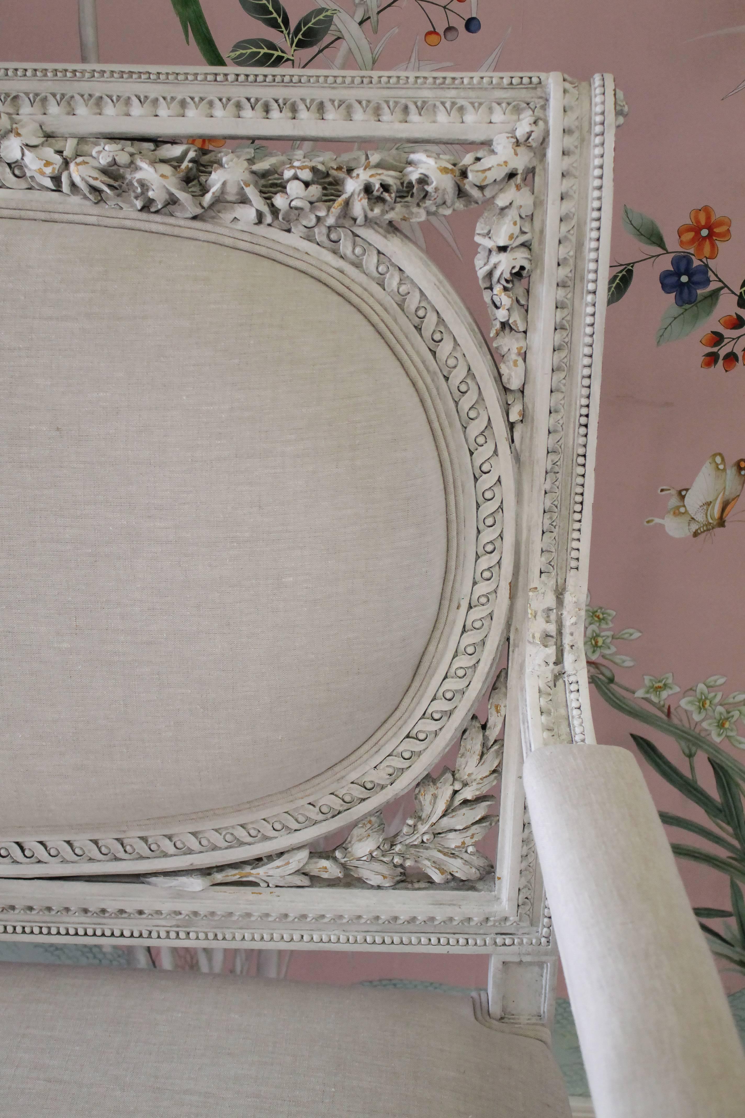 Giltwood Antique French Louis XVI Style Loveseat Painted and Upholstered in Irish Linen