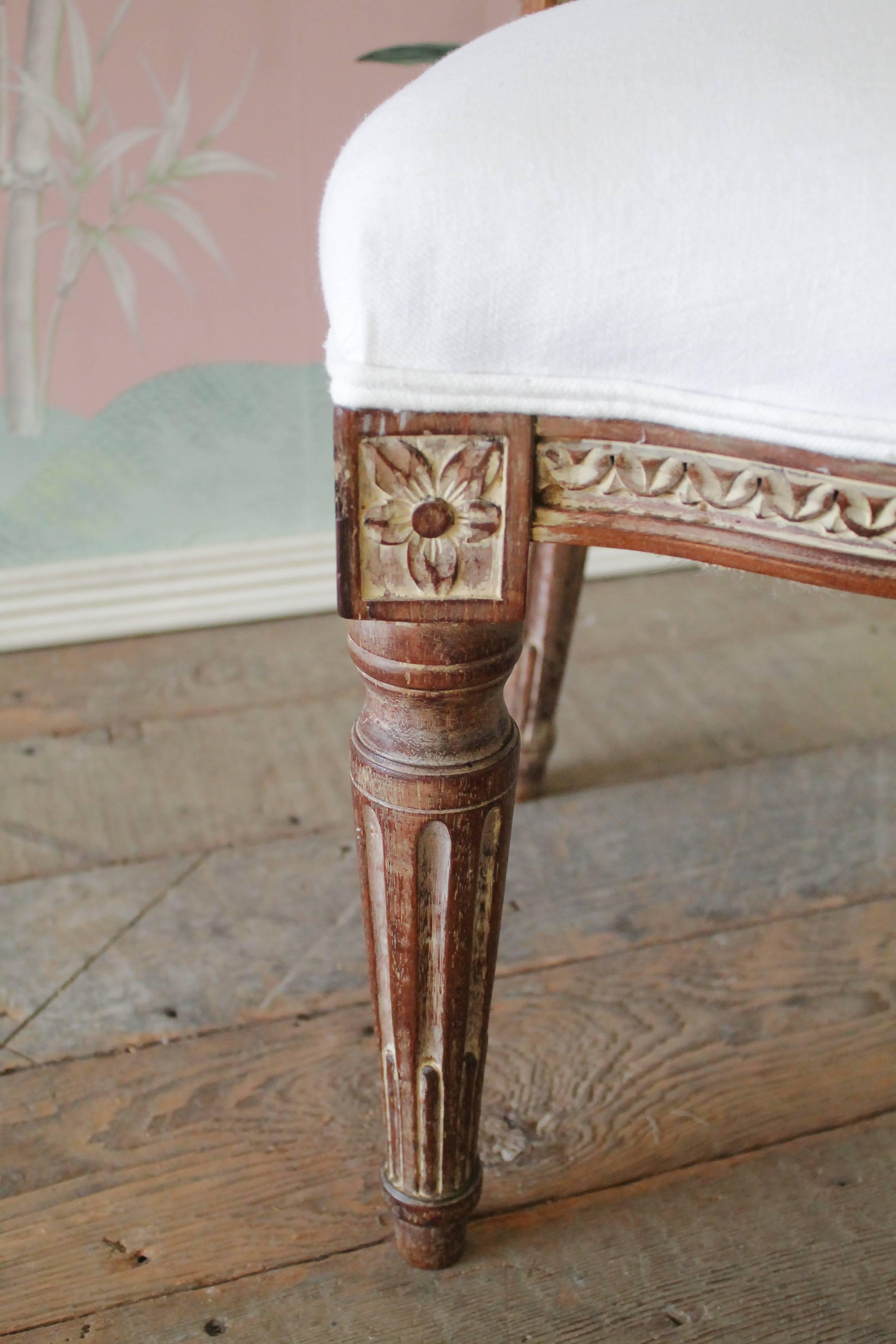 French 19th Century Antique Louis XVI Style Vanity Chair Upholstered in Belgian Linen