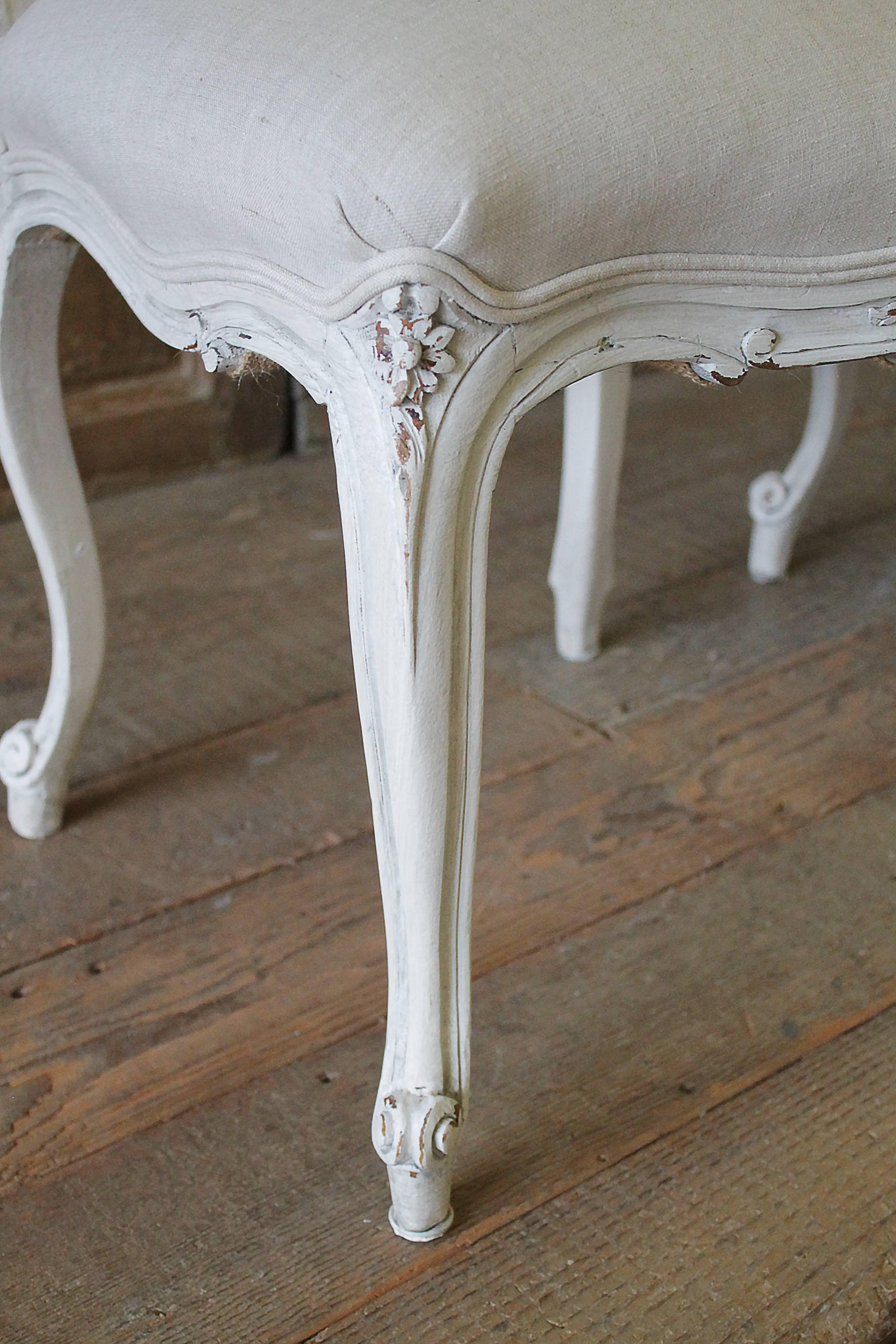 French 19th Century Antique Carved and Painted Rococo Style Vanity Chairs in Linen
