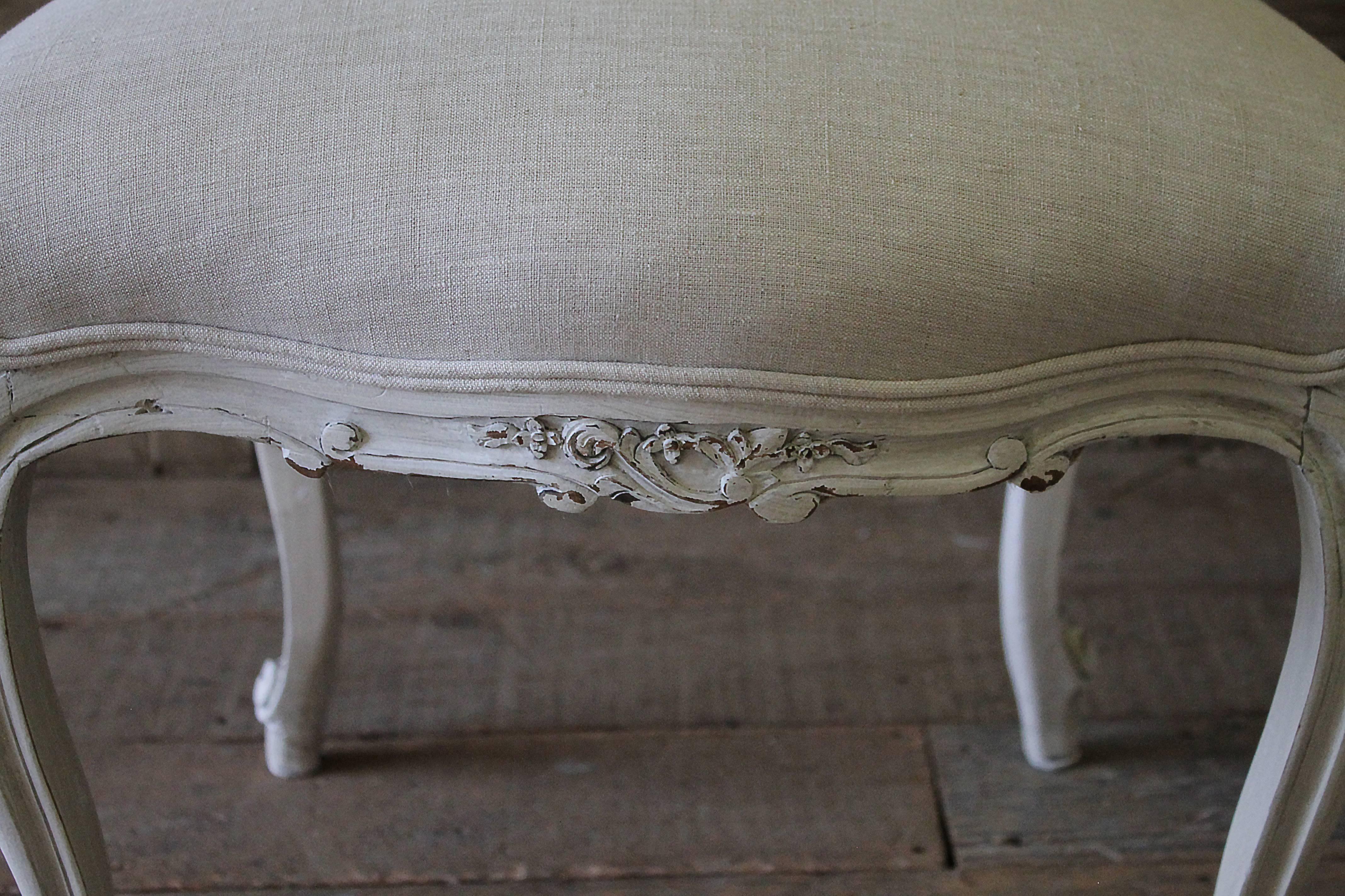 Hand-Carved 19th Century Antique Carved and Painted Rococo Style Vanity Chairs in Linen