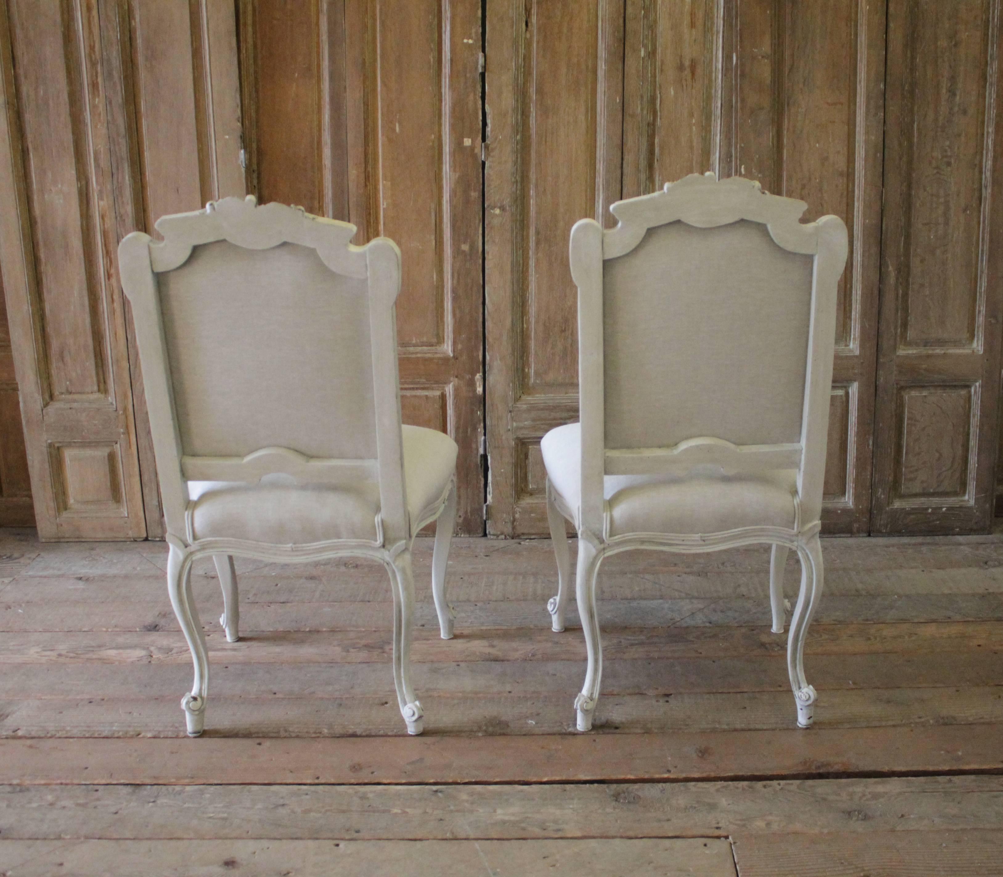 19th Century Antique Carved and Painted Rococo Style Vanity Chairs in Linen 1