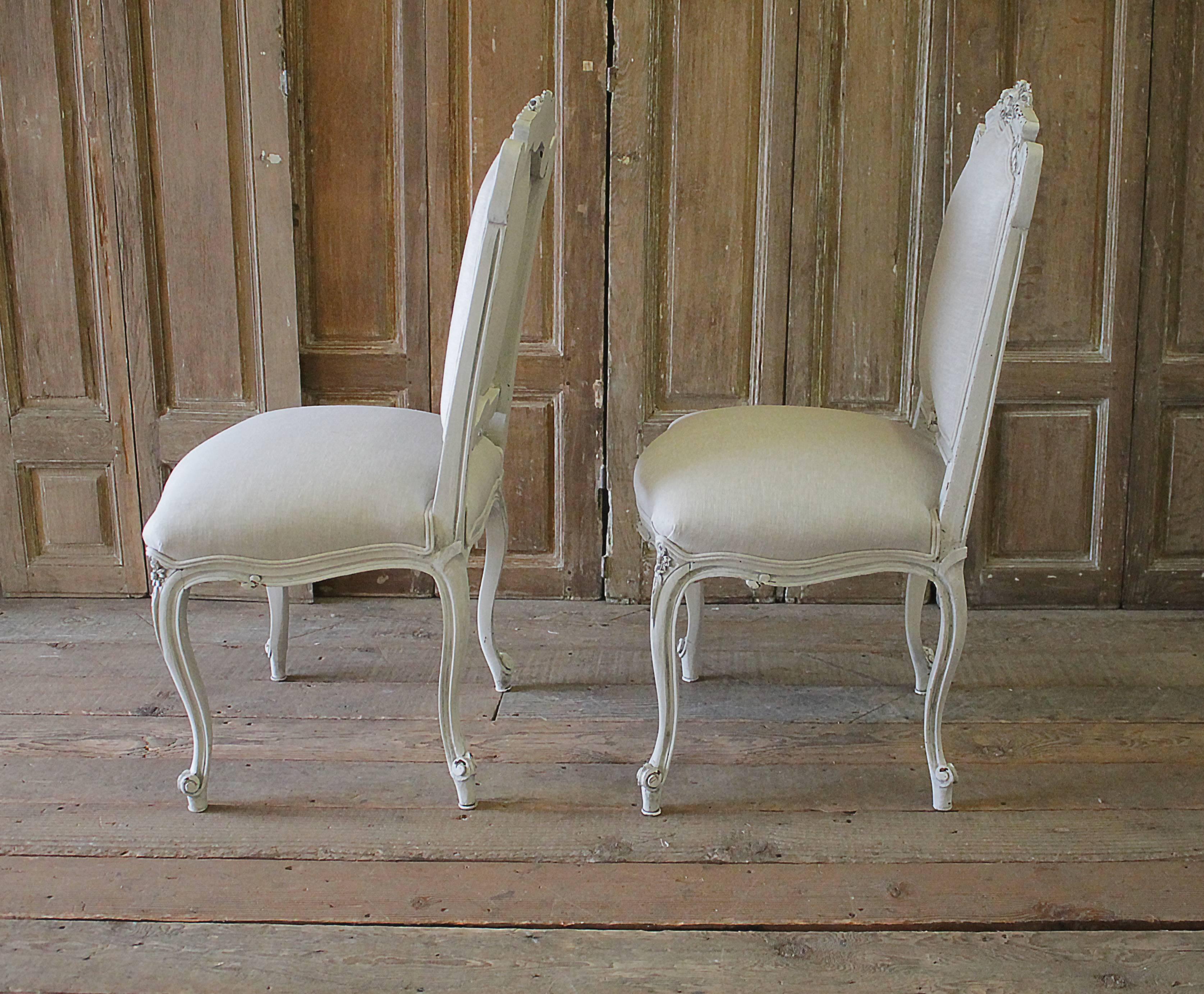 19th Century Antique Carved and Painted Rococo Style Vanity Chairs in Linen In Good Condition In Brea, CA
