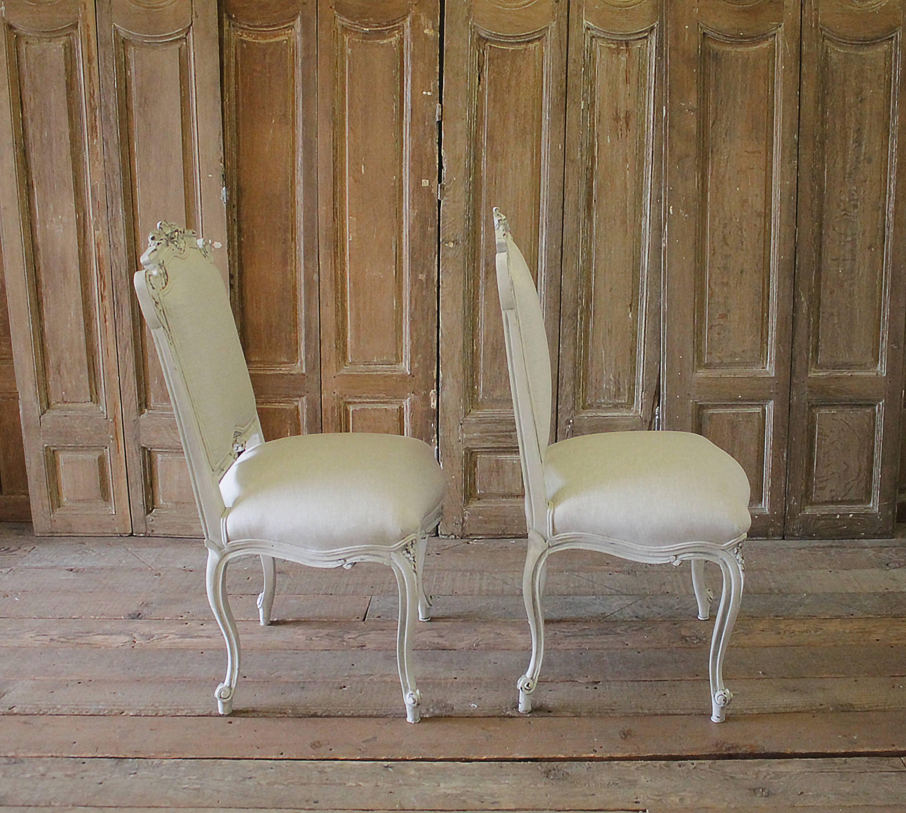 19th Century Antique Carved and Painted Rococo Style Vanity Chairs in Linen 2