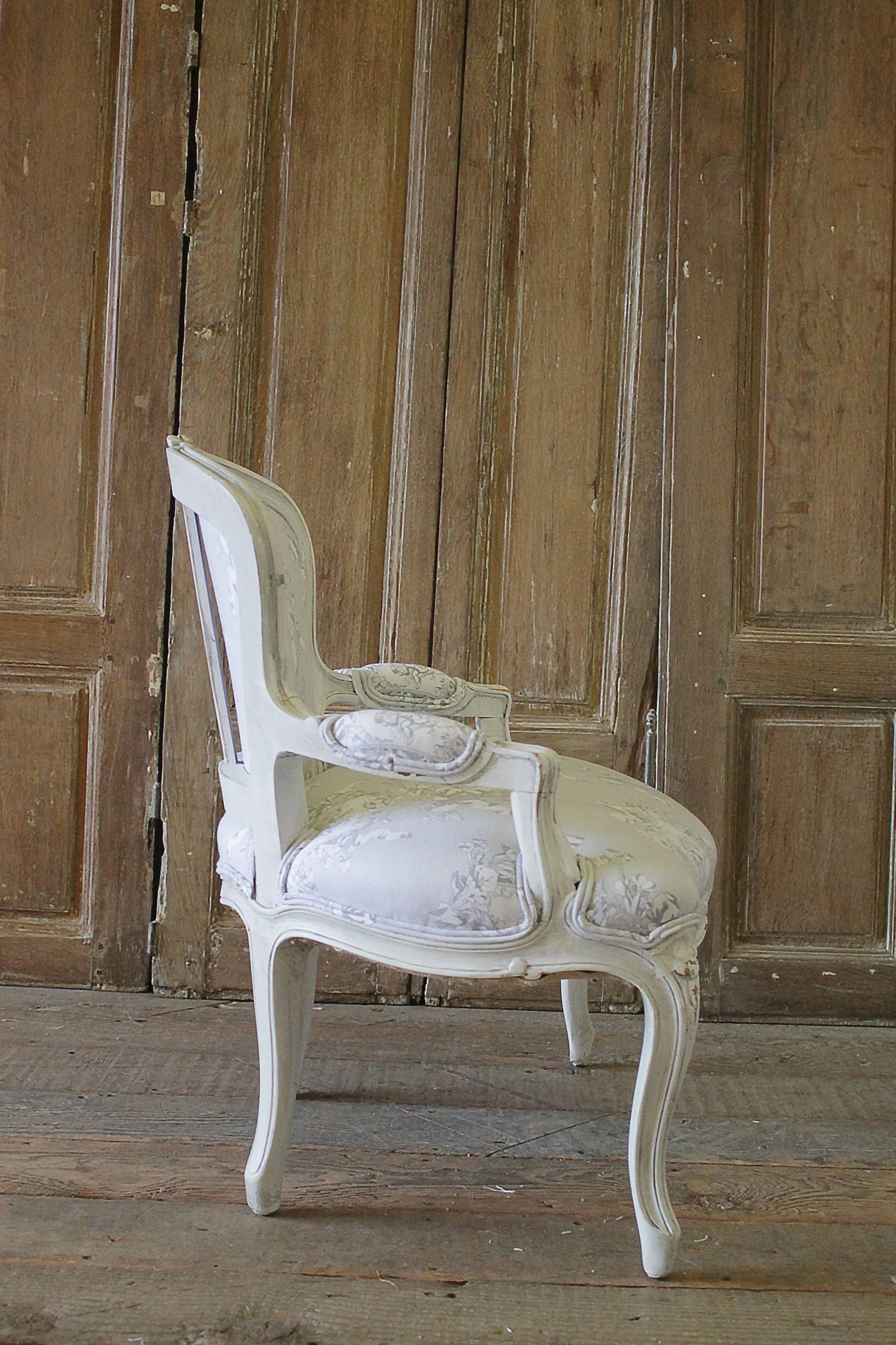 Early 20th Century Louis XV Style Painted Childs Chair in Grey Toile de Jouy 4