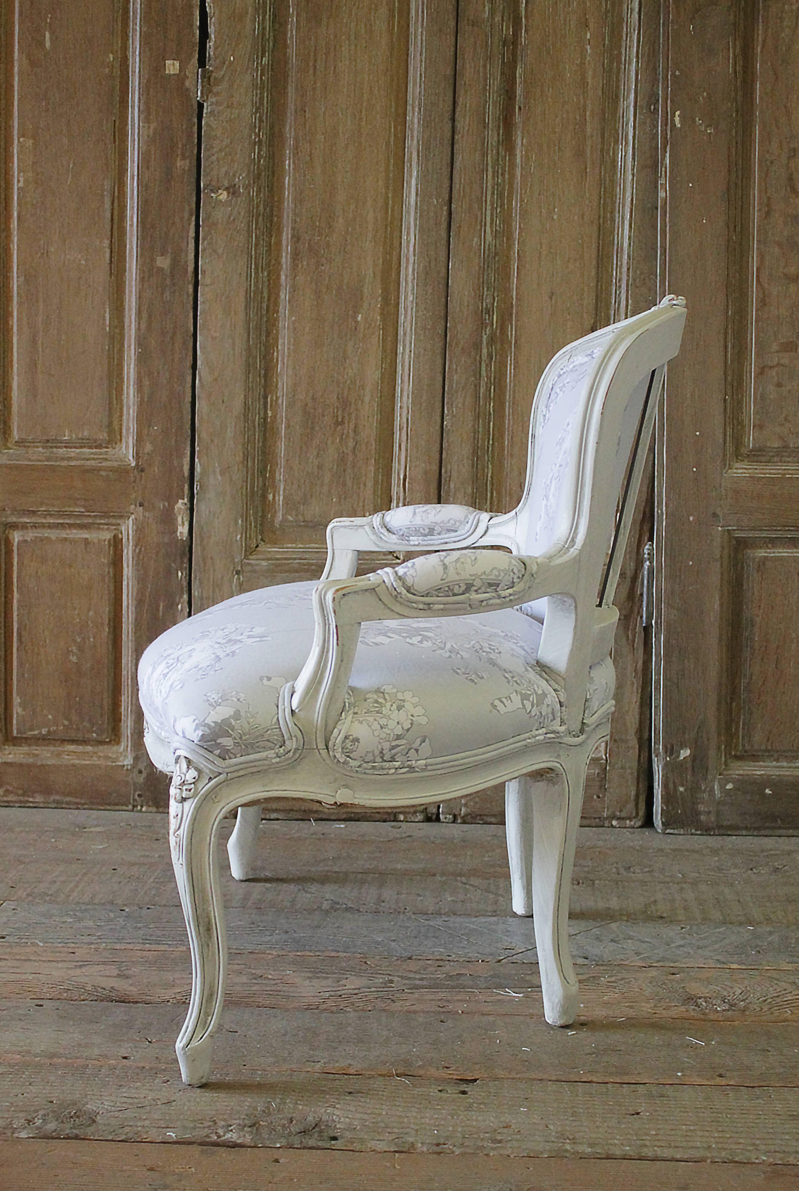 Early 20th Century Louis XV Style Painted Childs Chair in Grey Toile de Jouy 2