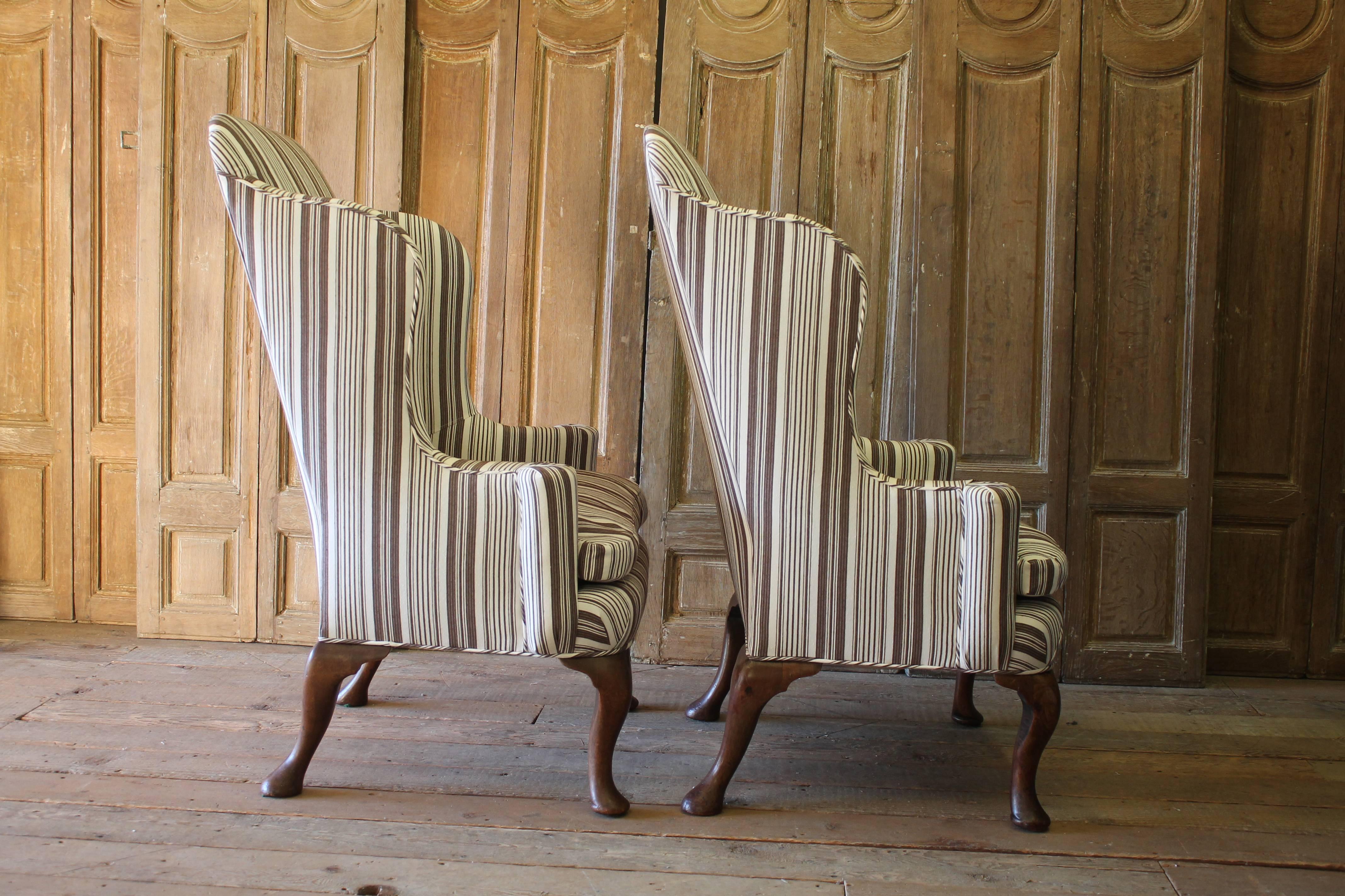 American Midcentury Pair of Queen Anne Style Wing Chairs in Brown Ticking Stripe