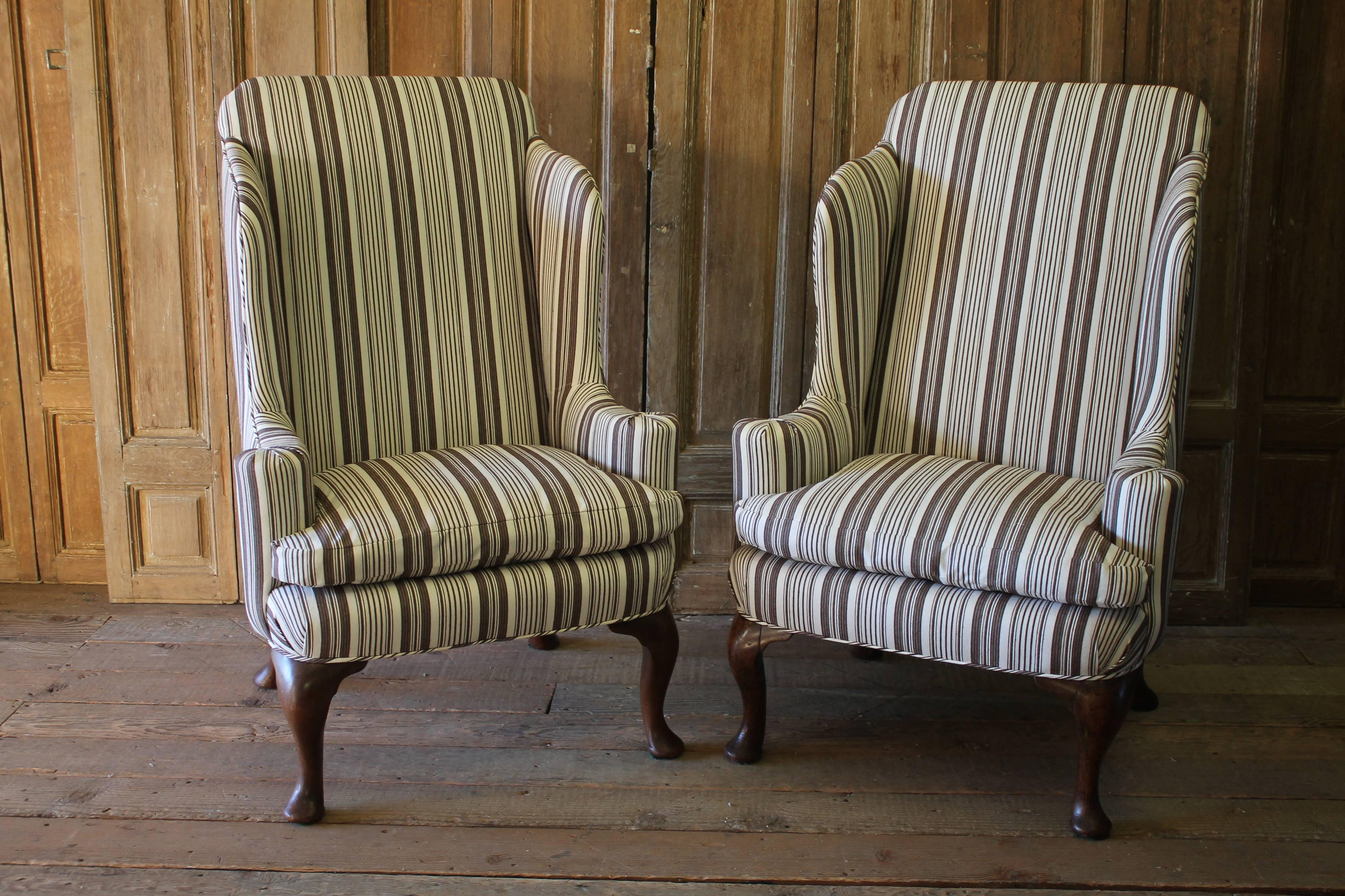Midcentury Pair of Queen Anne Style Wing Chairs in Brown Ticking Stripe In Good Condition In Brea, CA