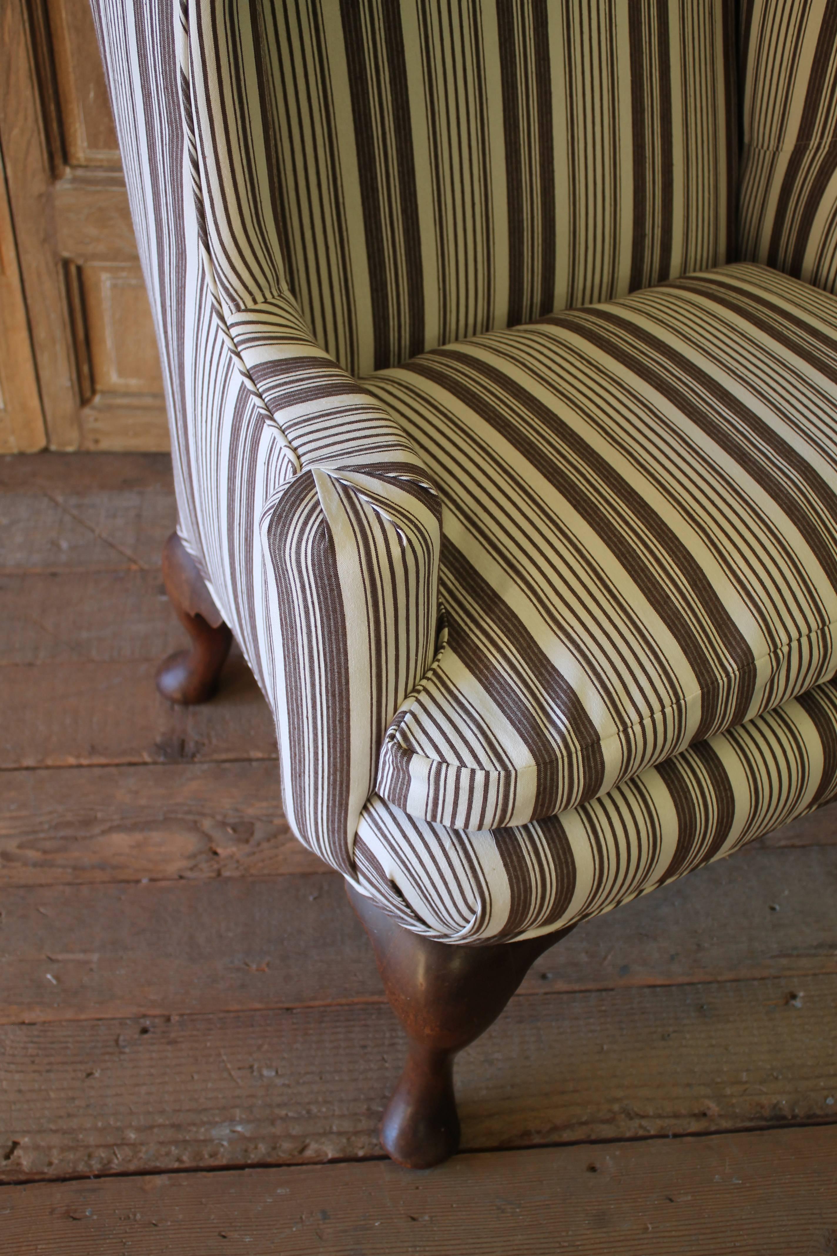 20th Century Midcentury Pair of Queen Anne Style Wing Chairs in Brown Ticking Stripe
