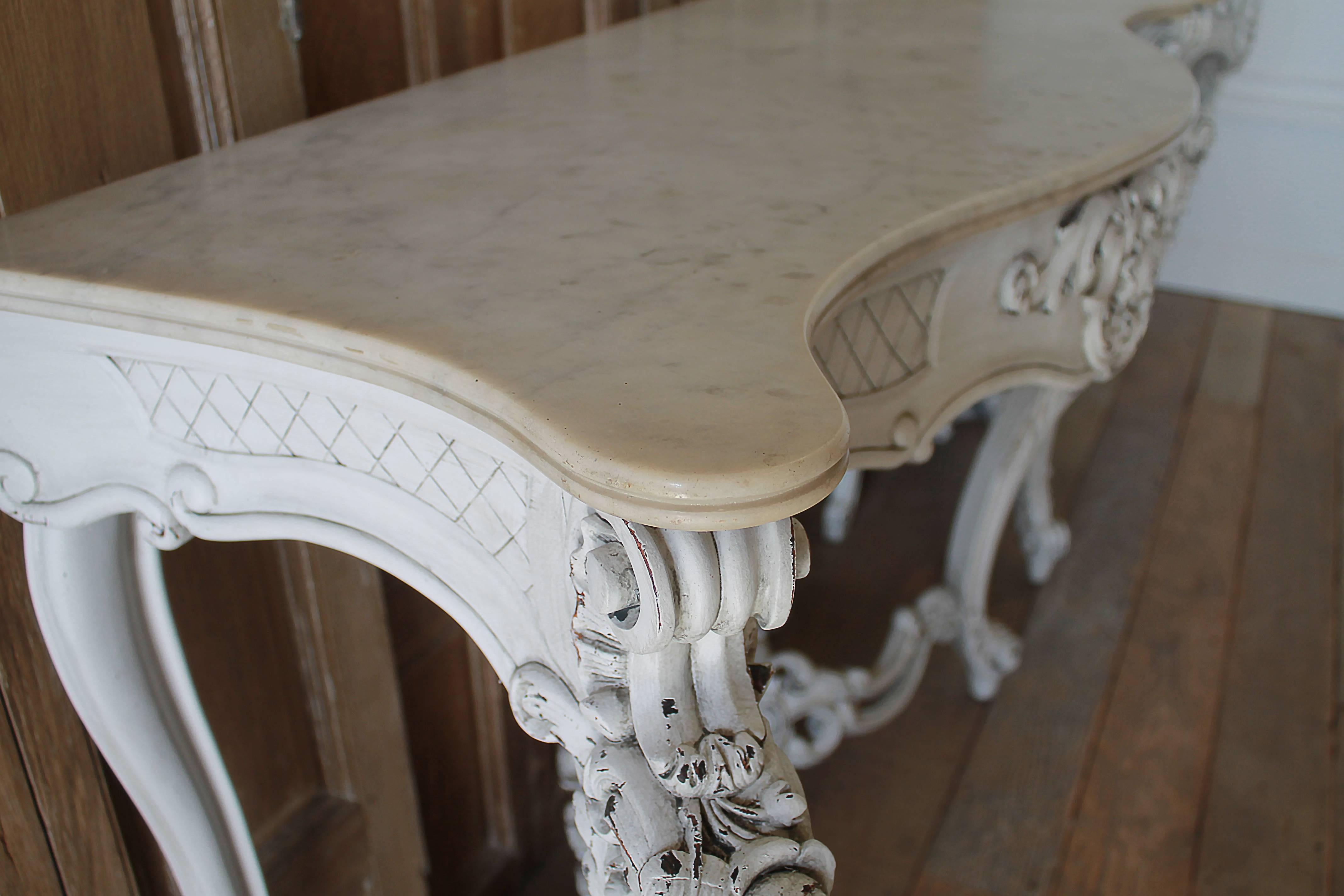 Wood 19th Century Painted French Console Table with Marble Top