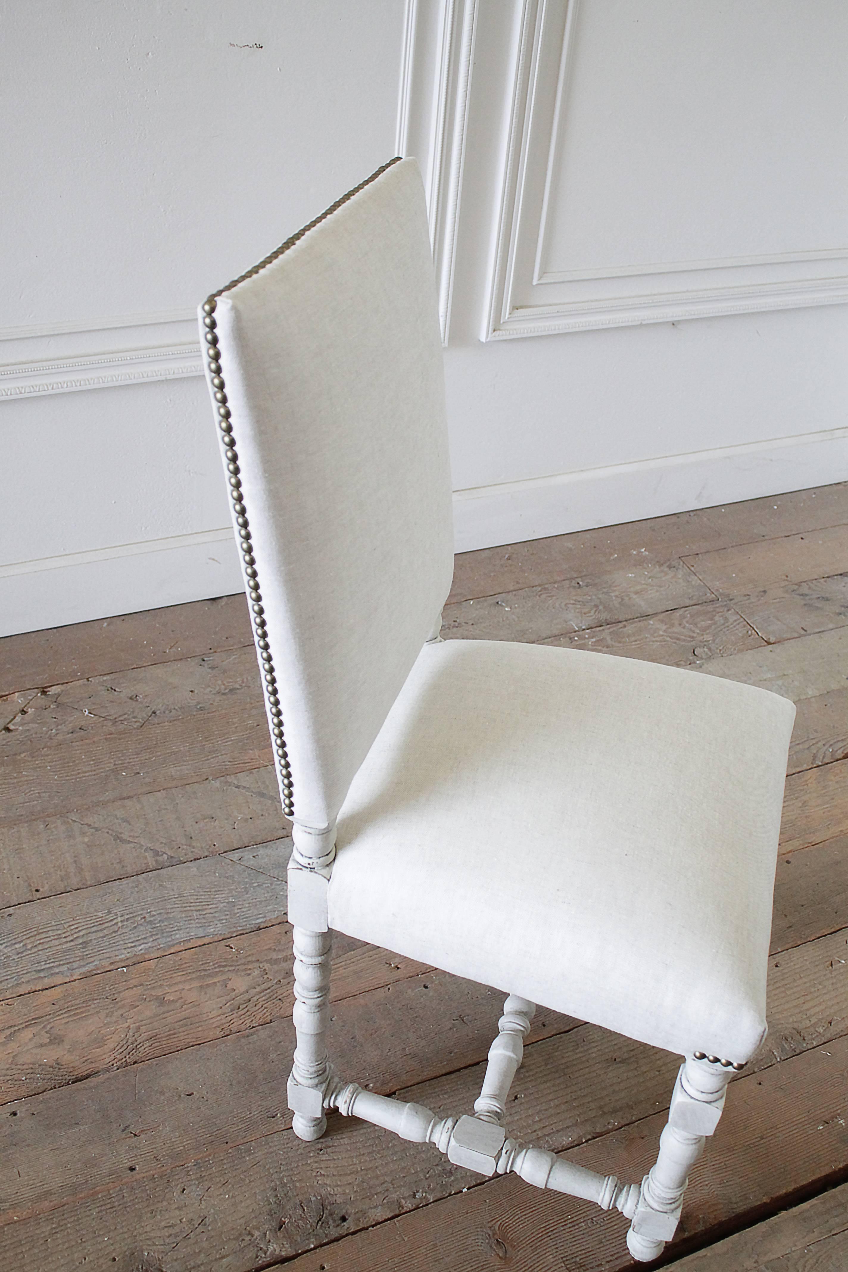 Linen Set of Six French Style Painted and Upholstered Dining Chairs For Sale