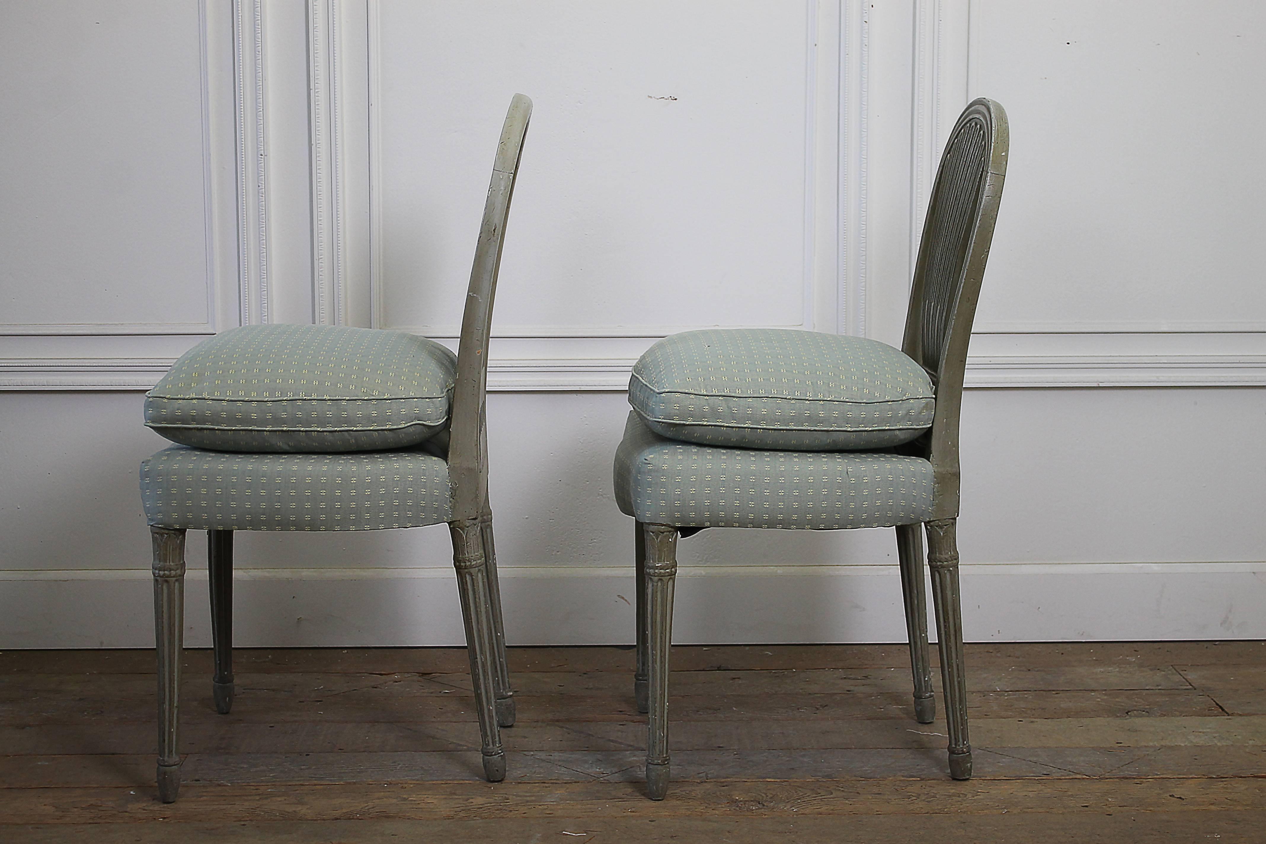 Belgian Early 19th Century Painted Upholstered Wheatsheaf Style Gustavian Dining Chairs