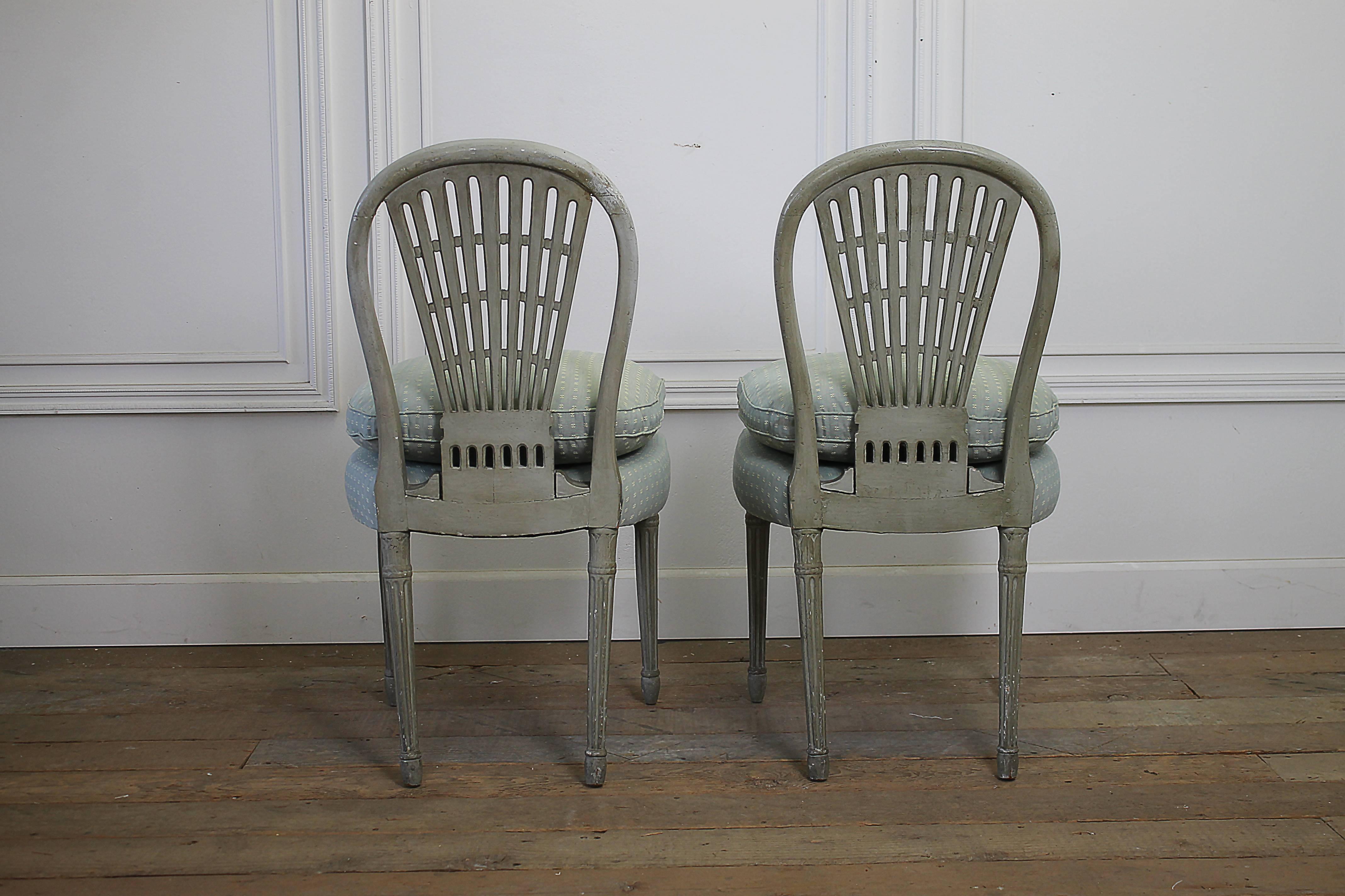 Hand-Carved Early 19th Century Painted Upholstered Wheatsheaf Style Gustavian Dining Chairs