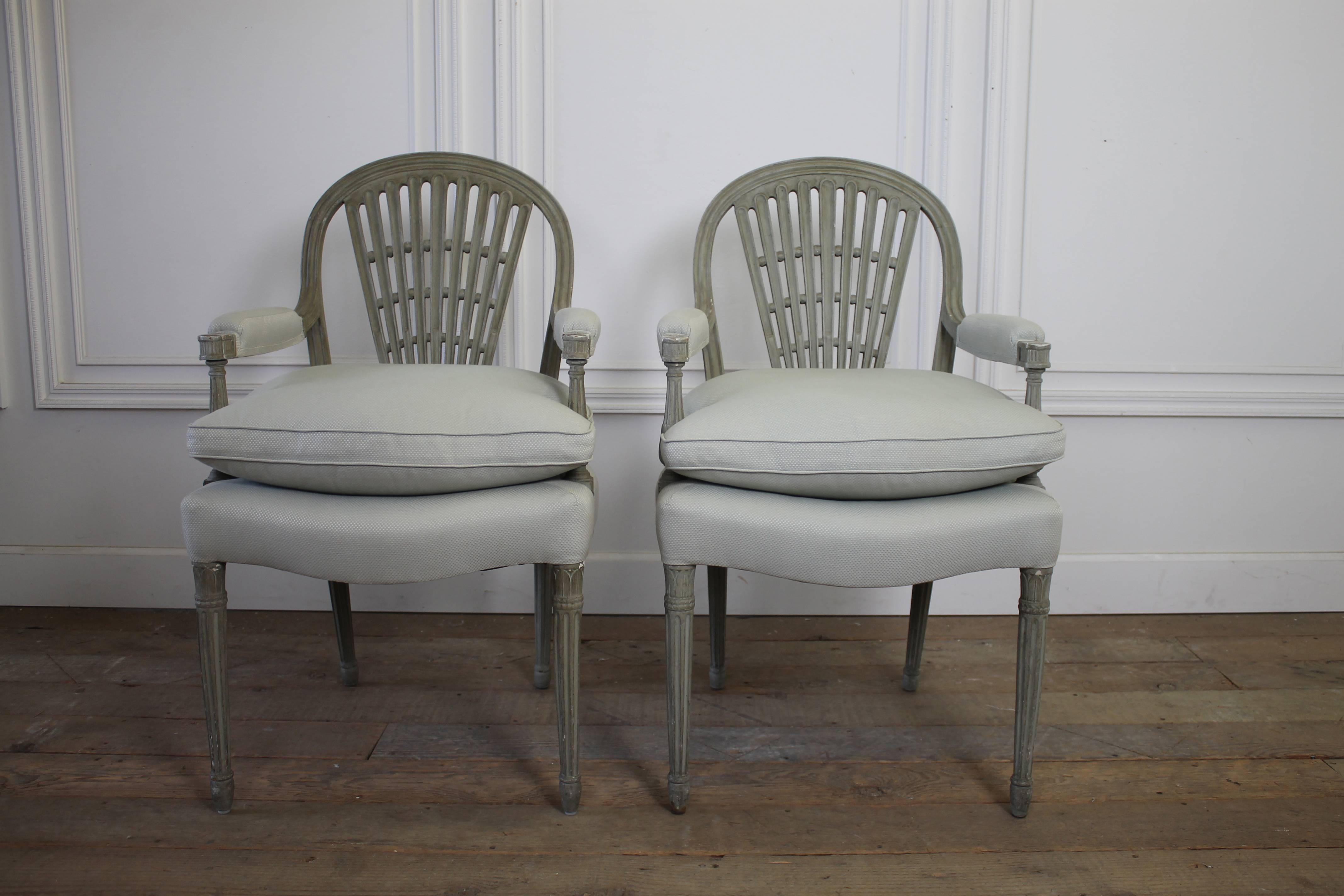 Early 19th Century Painted Upholstered Wheatsheaf Style Gustavian Dining Chairs In Good Condition In Brea, CA