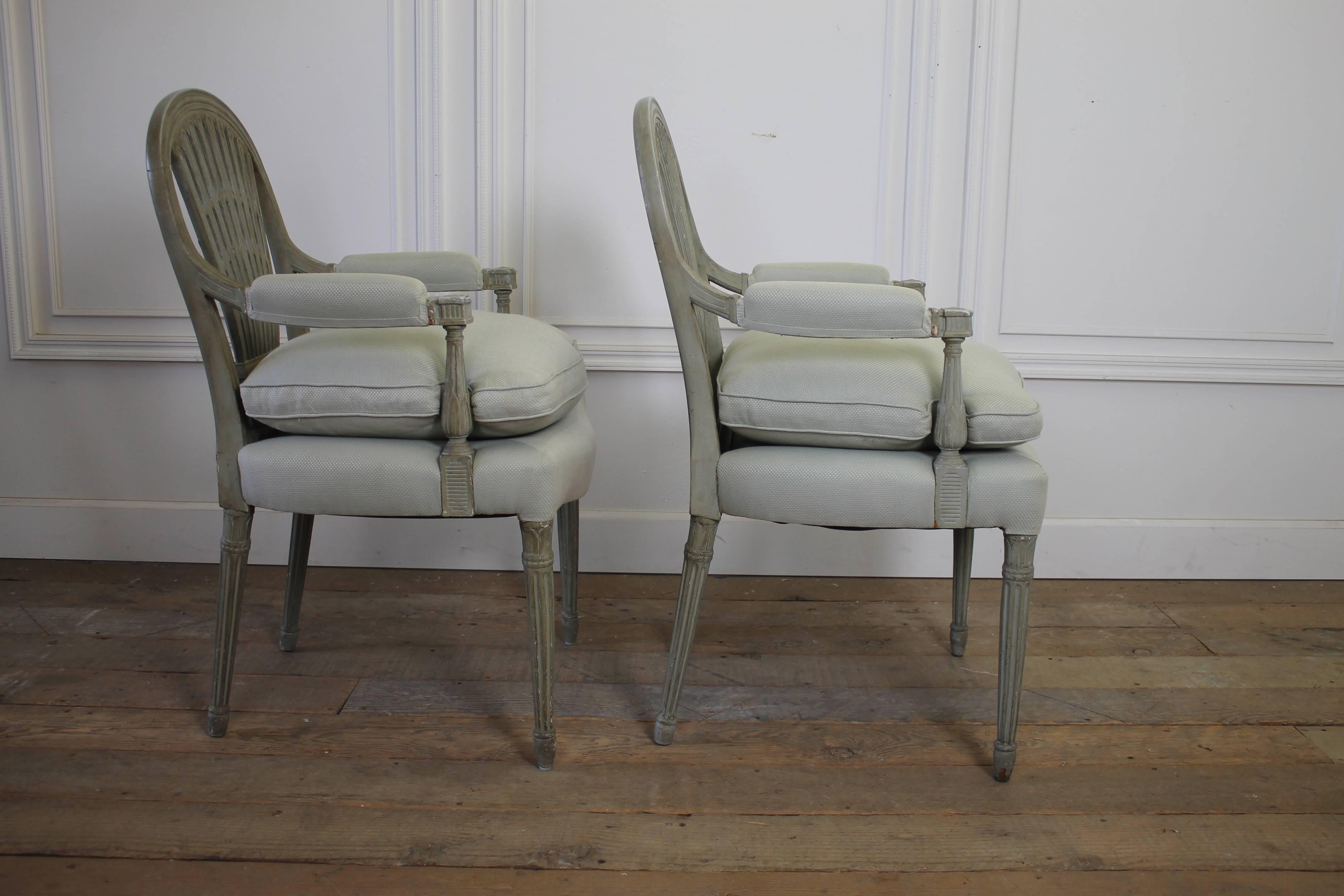 Upholstery Early 19th Century Painted Upholstered Wheatsheaf Style Gustavian Dining Chairs