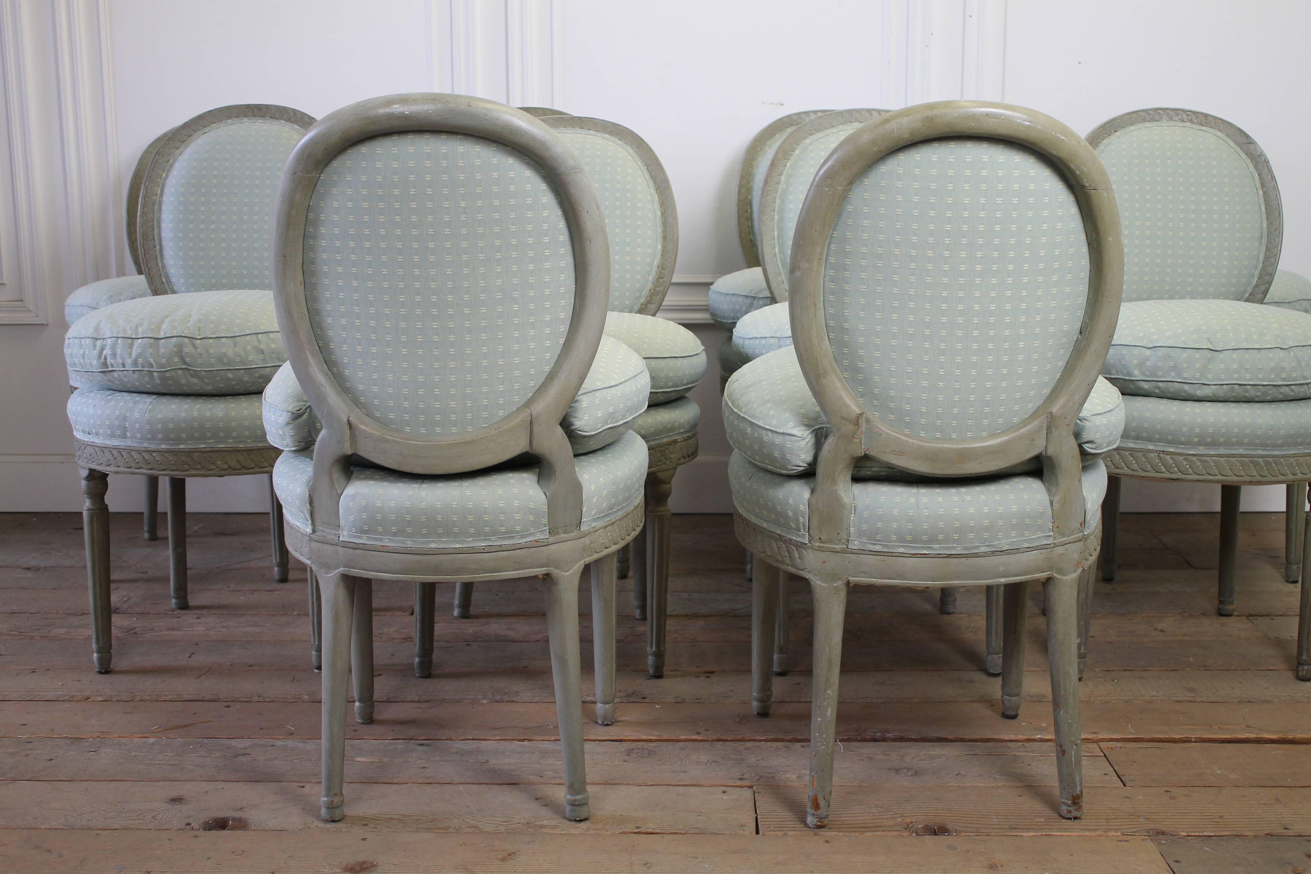 Belgian Set of Ten Carved and Painted Swedish Gustavian Style Dining Chairs