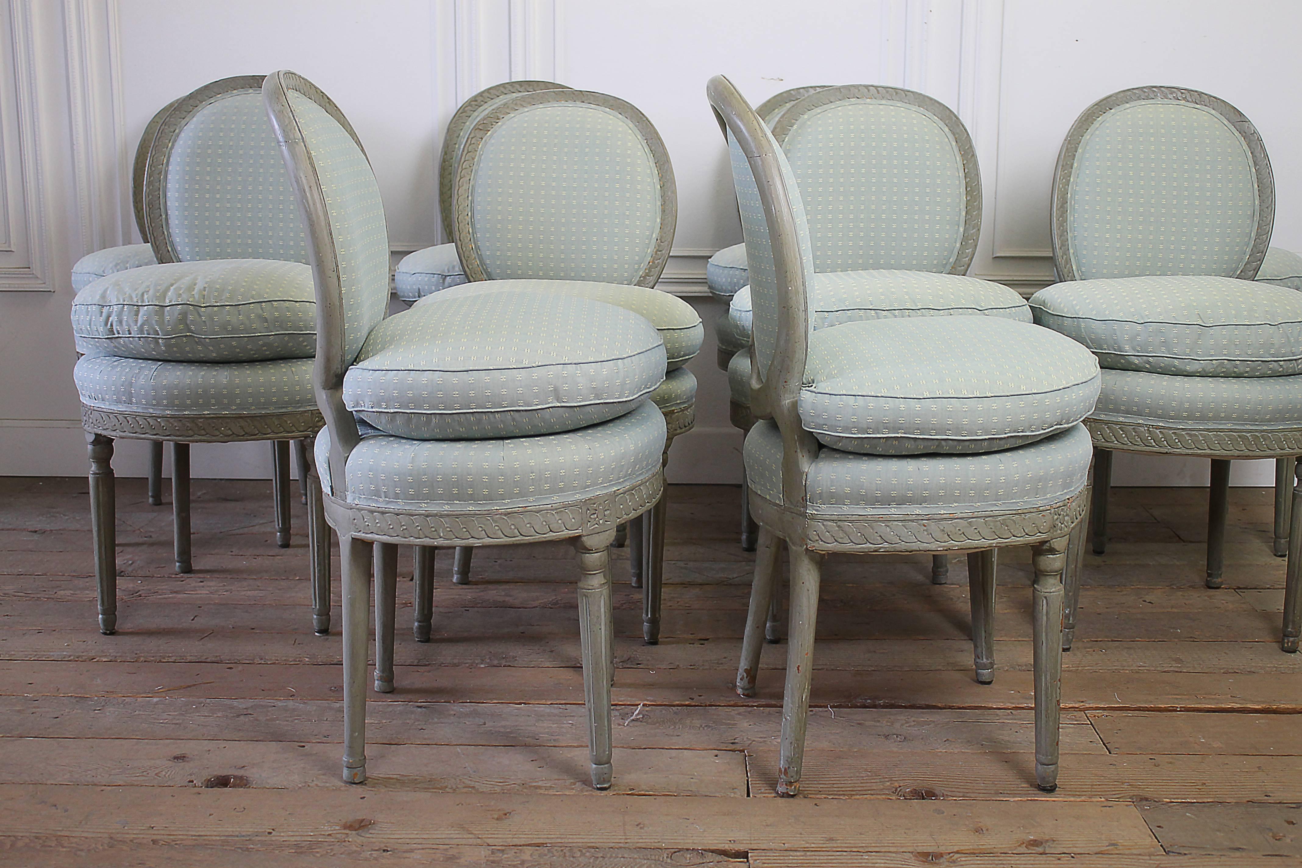 Set of Ten Carved and Painted Swedish Gustavian Style Dining Chairs In Good Condition In Brea, CA