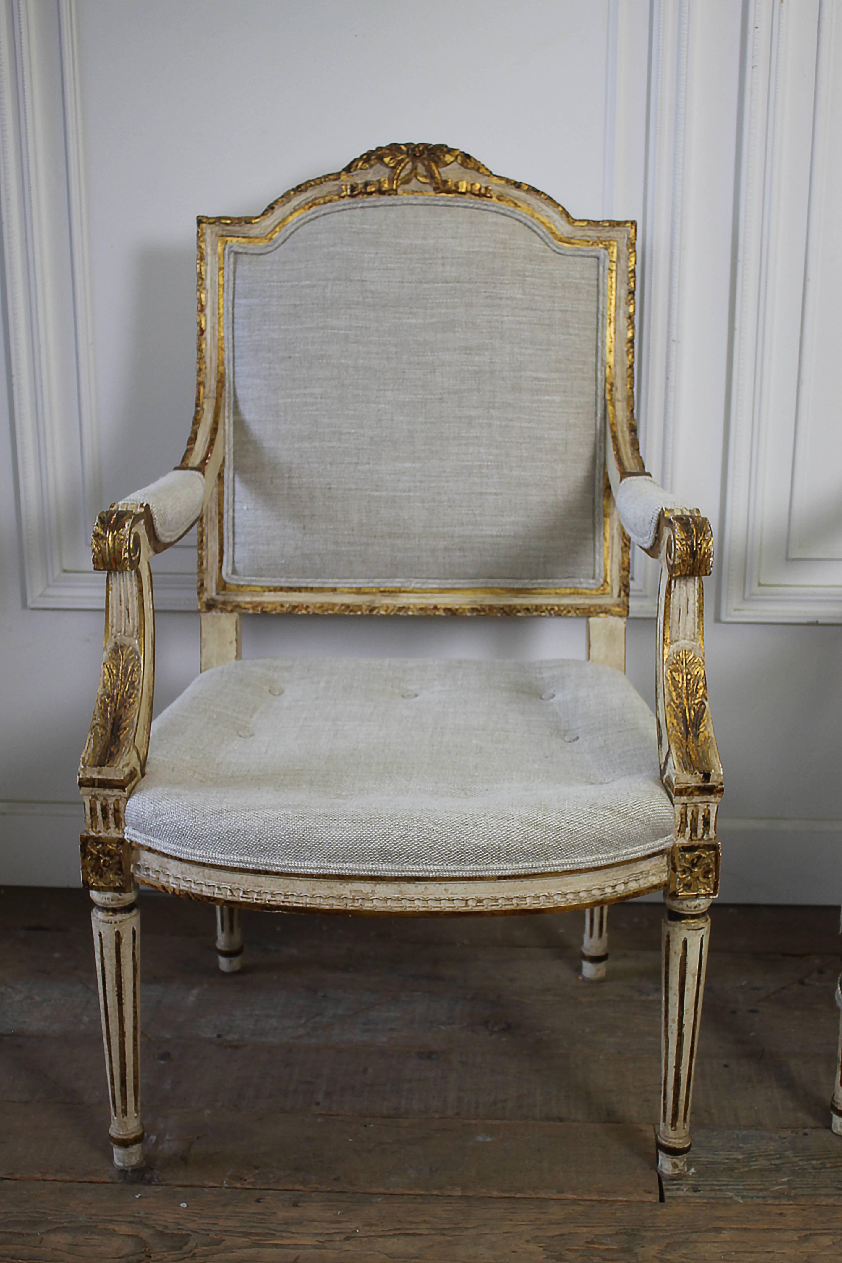 Pair of 20th Century Carved Painted and Gilt Upholstered Open Armchairs 4