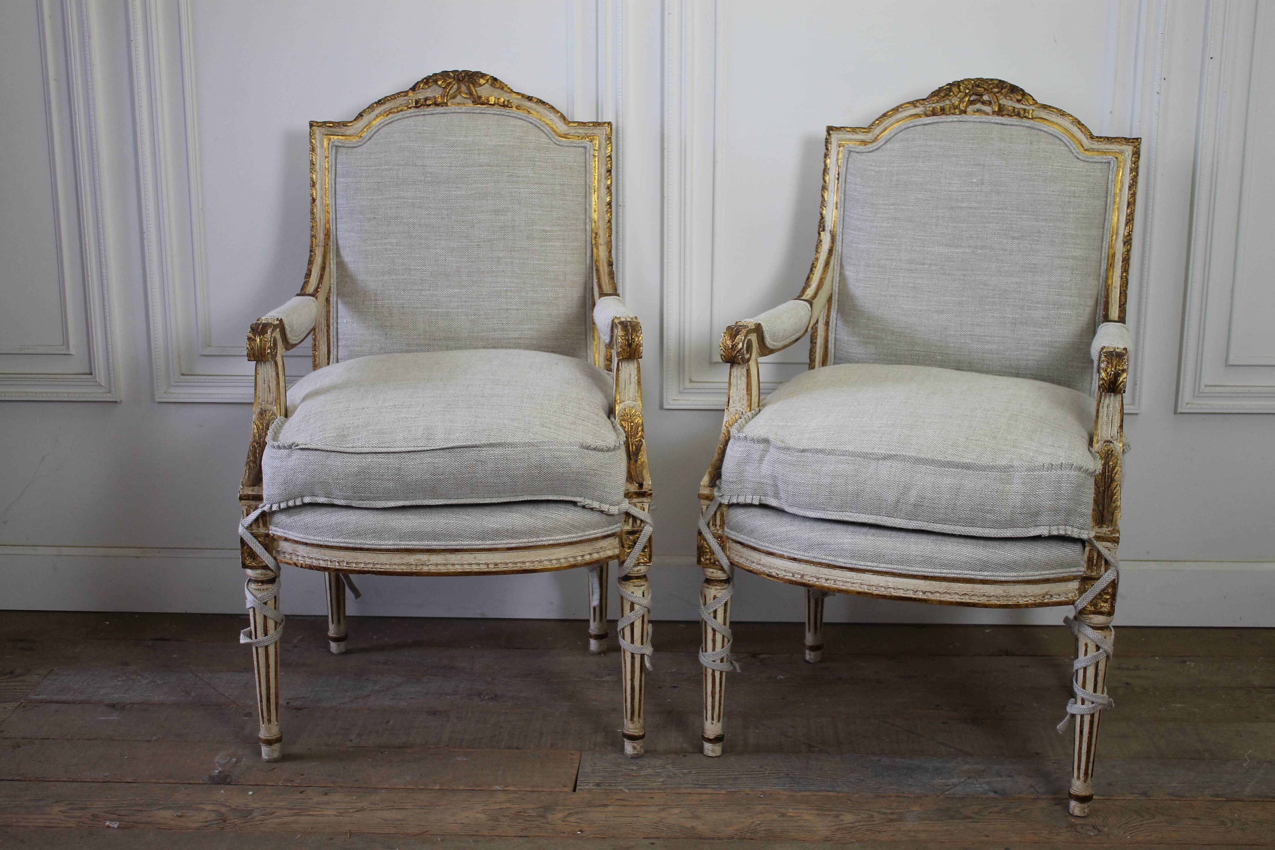 Pair of 20th Century Carved Painted and Gilt Upholstered Open Arm Chairs

We reupholstered these beautiful pair of painted and gilt chair in our 100% pure Irish linen, with its thick nubby burlap look, but soft linen feel. The linen color is a light