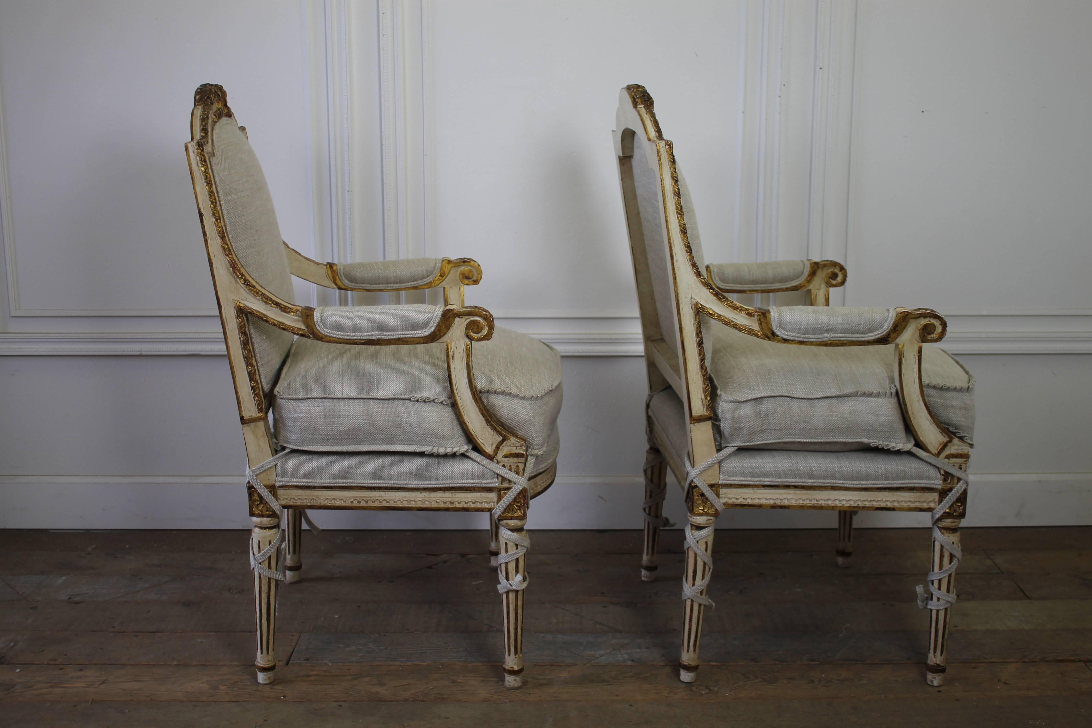 Pair of 20th Century Carved Painted and Gilt Upholstered Open Armchairs 3