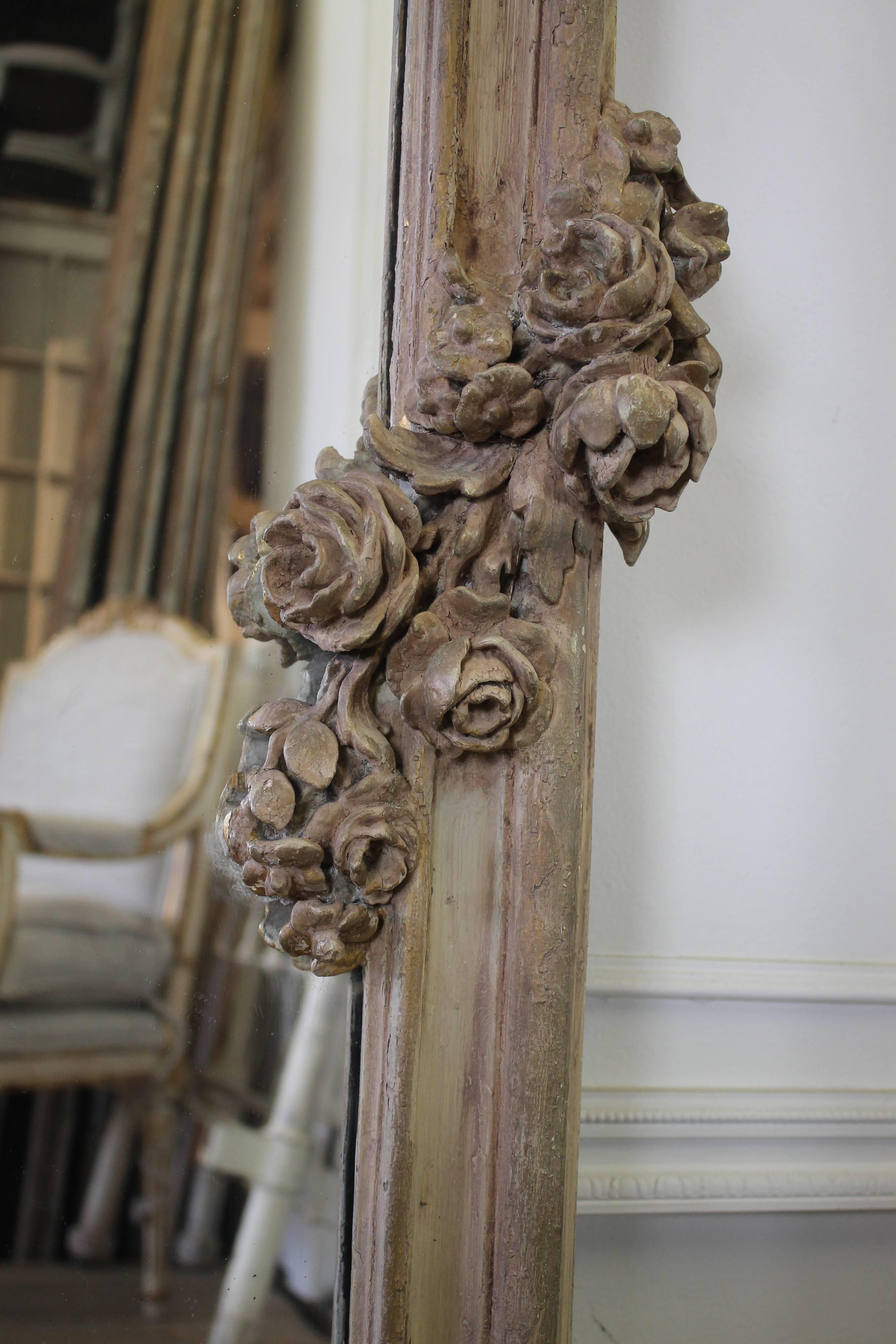 Early 20th Century Antique Wood Carved and Painted French Mirror  In Good Condition In Brea, CA