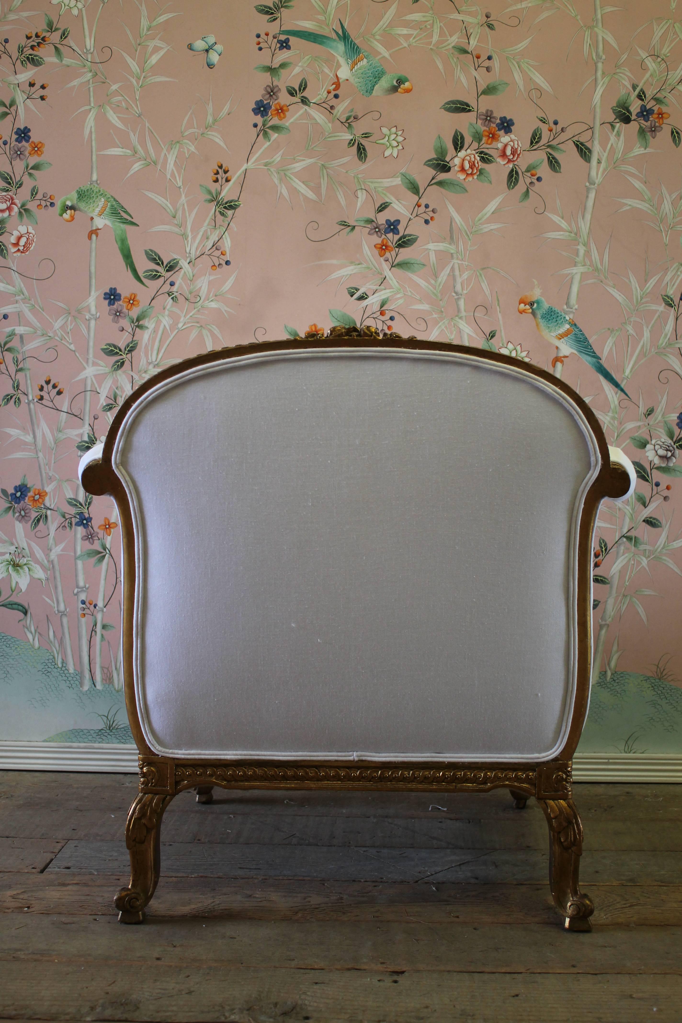 Antique French Louis XV Style Gilded Club Chair in White Belgian Linen 1