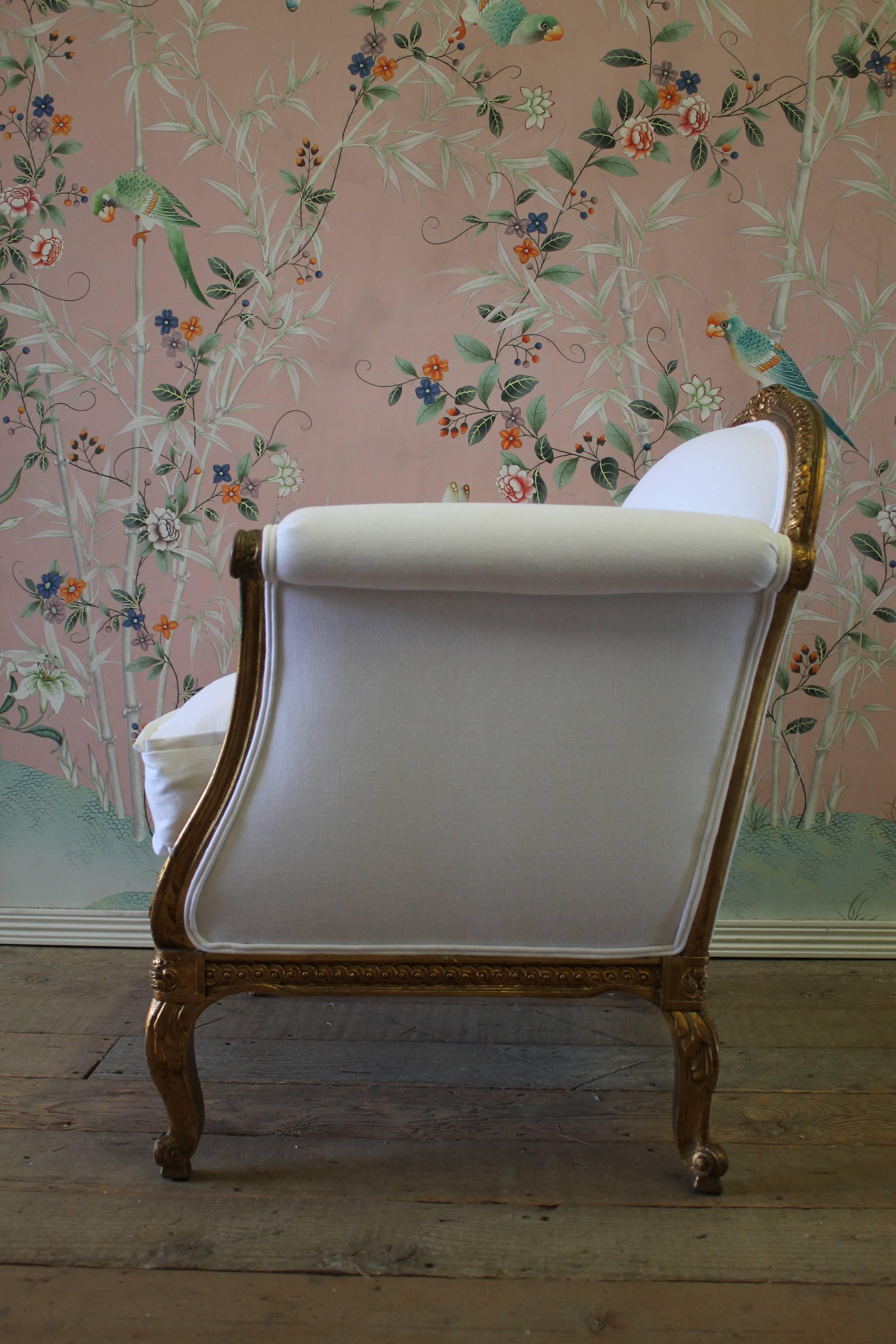 20th Century Antique French Louis XV Style Gilded Club Chair in White Belgian Linen