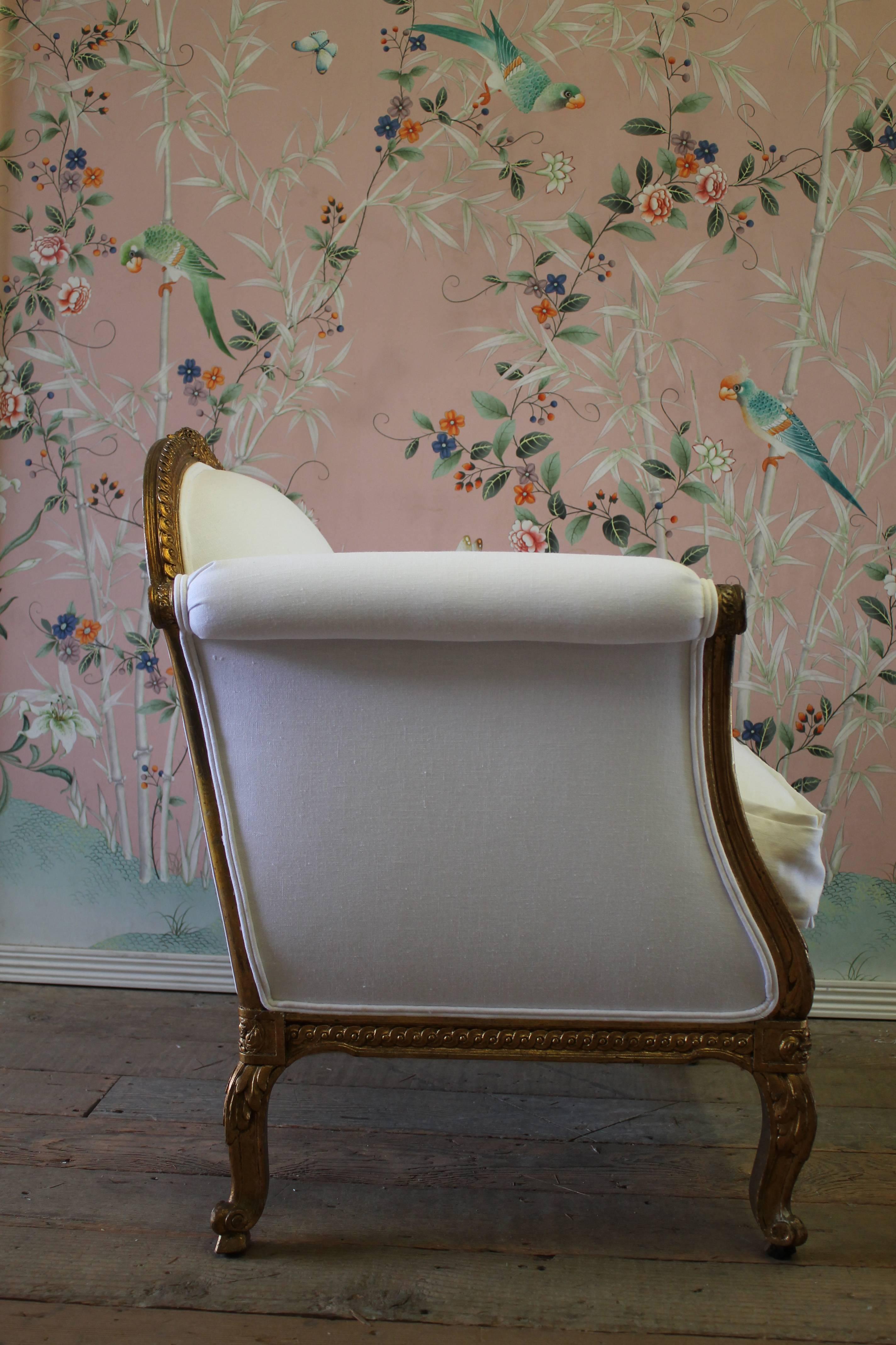 Antique French Louis XV Style Gilded Club Chair in White Belgian Linen 2