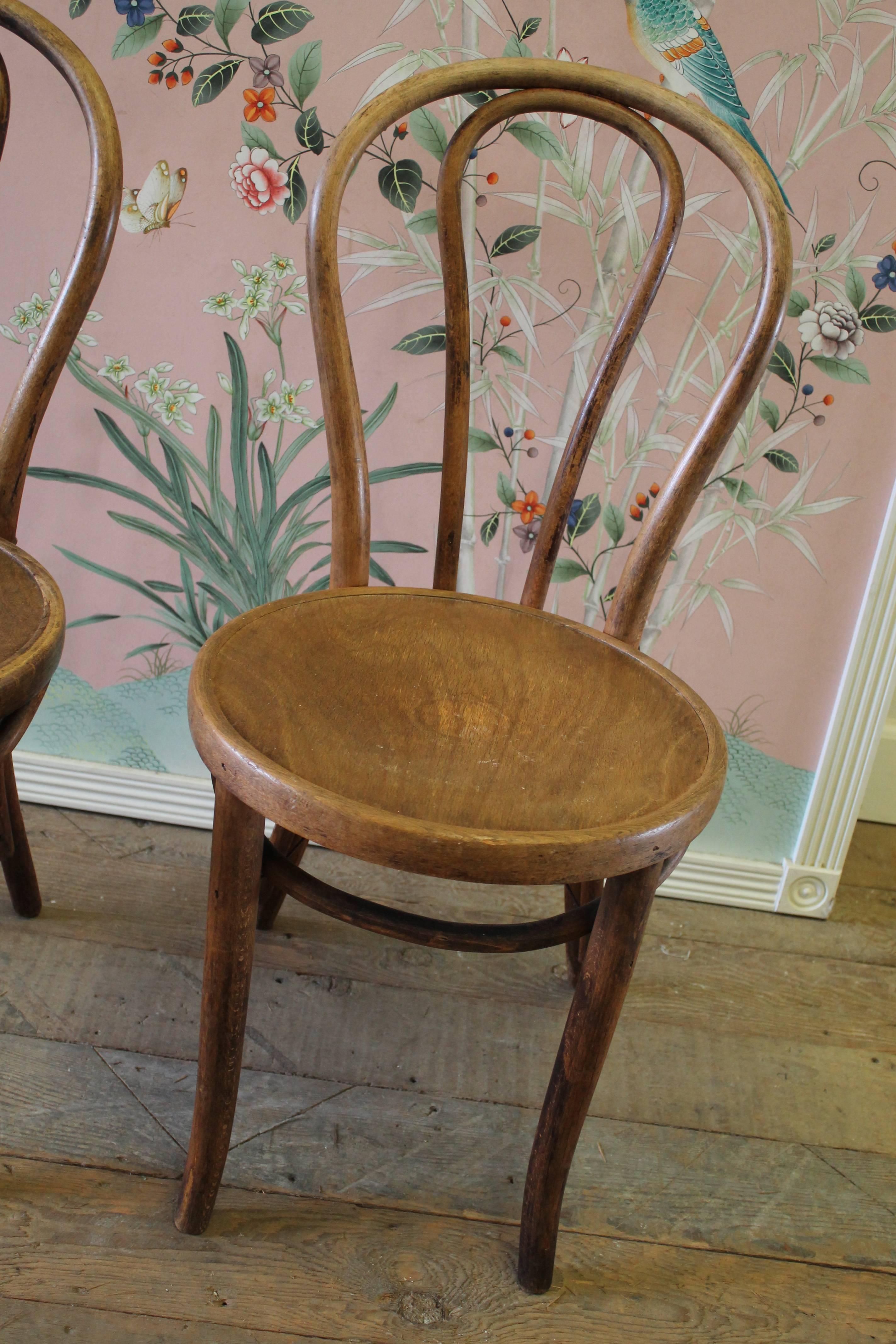 Pair of Vintage Bentwood Chairs with Embossed Wood Seat
Each chair is very sturdy, with aged patina to the wood. Seat has a scroll and floral motif.
Measures approximately 17x18x37