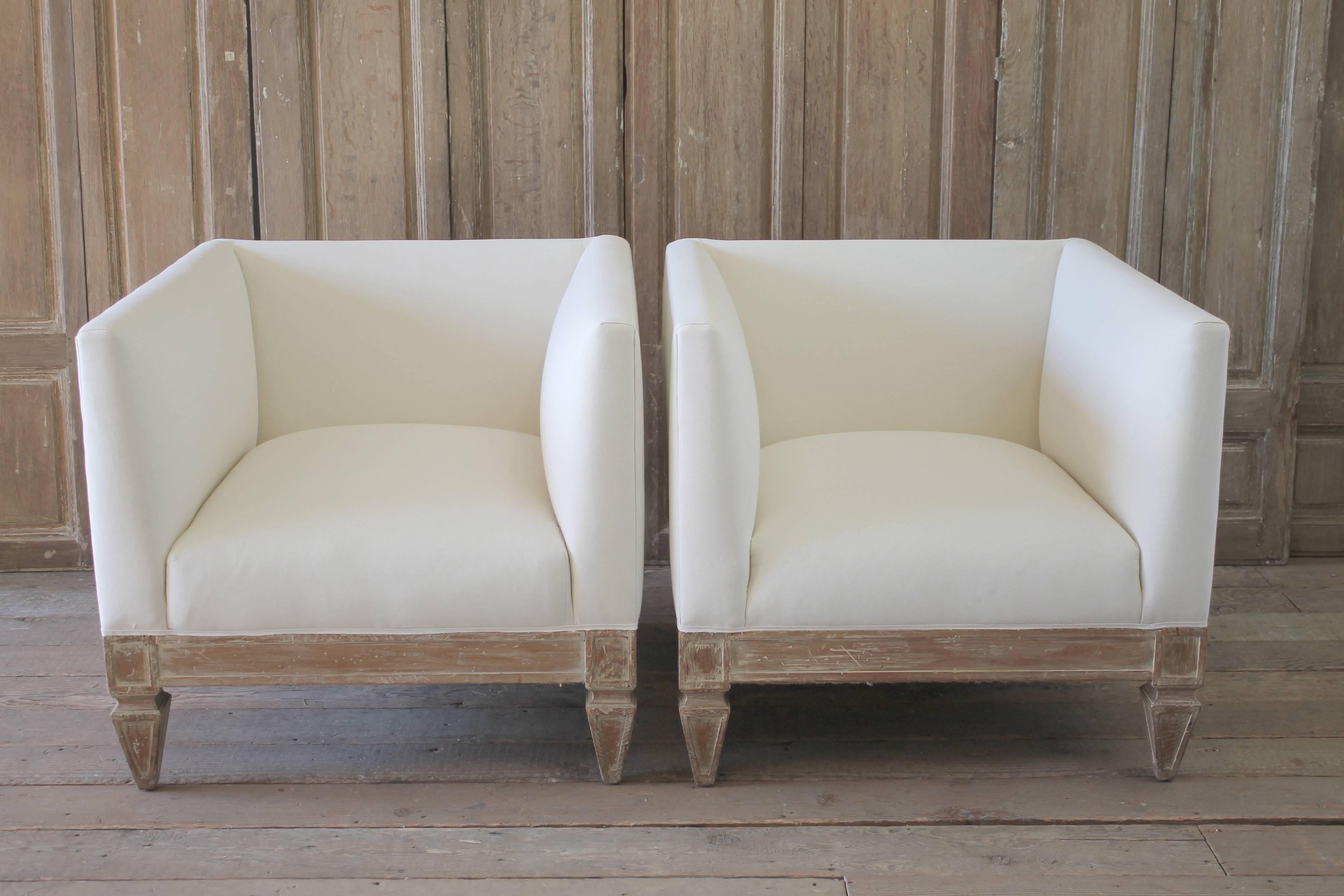 Pair of Linen Slip Covered Club Chairs with Wood Base In Good Condition In Brea, CA