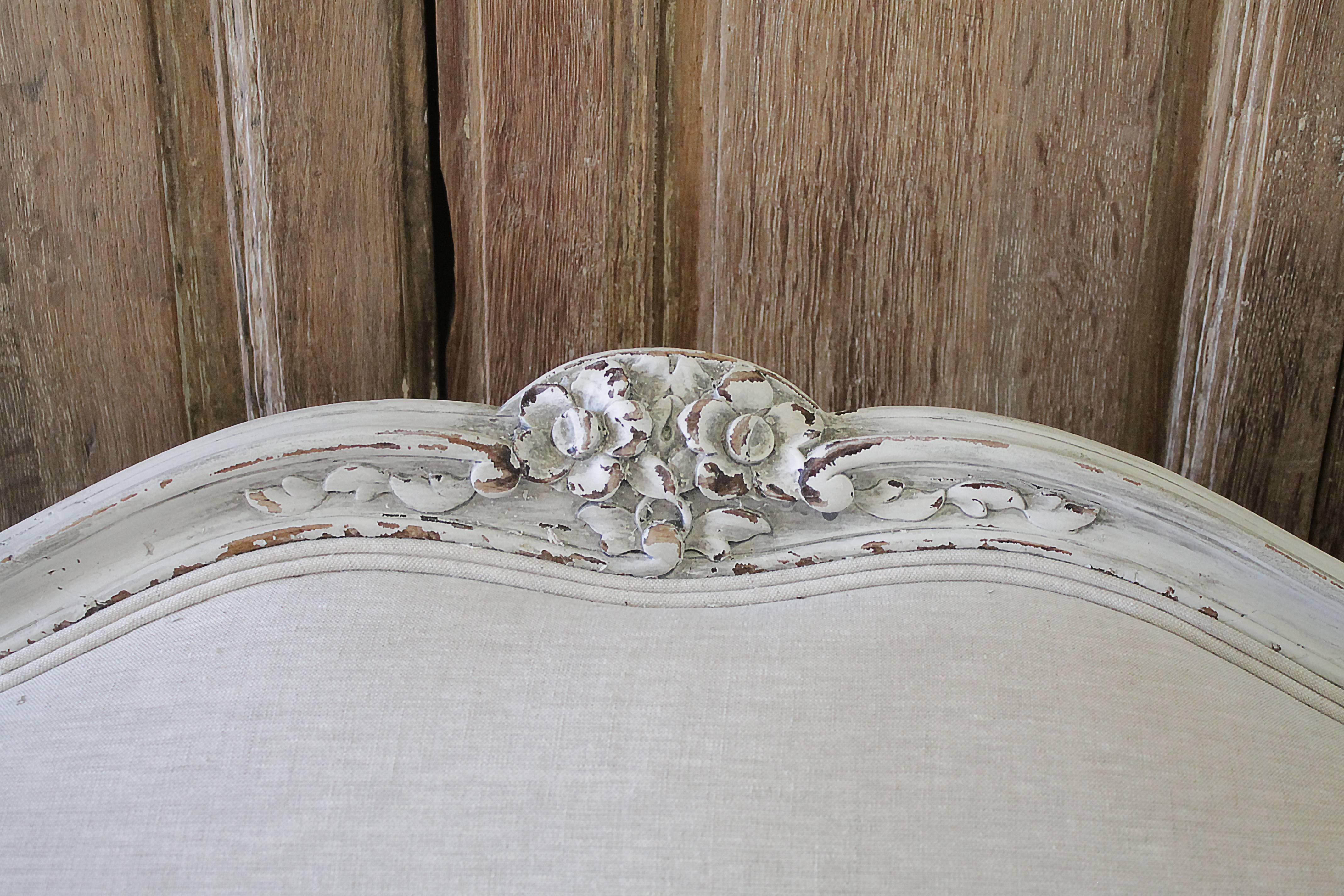 French 19th Century Carved and Painted Louis XV Style Sofa Upholstered in Organic Linen