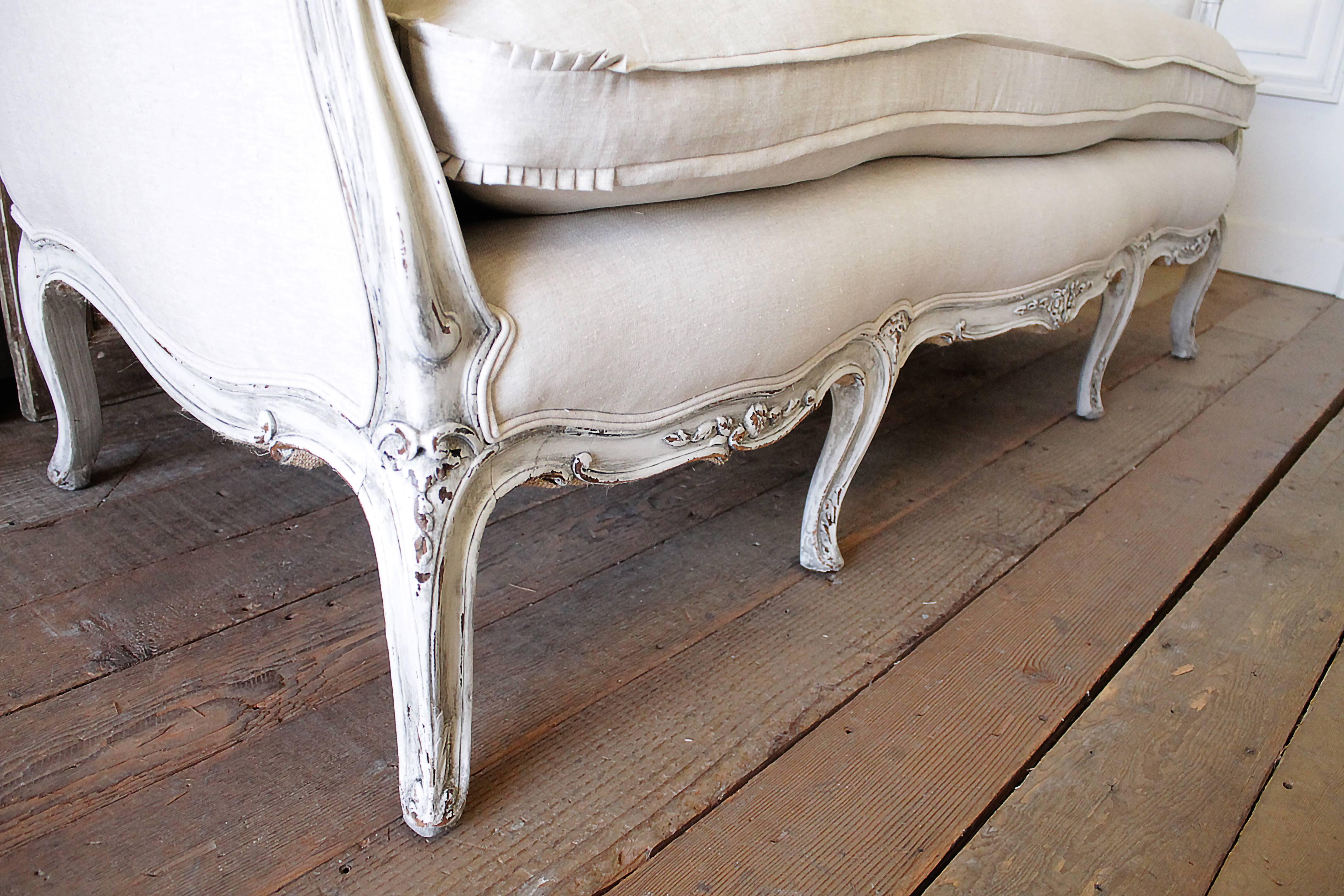 19th Century Carved and Painted Louis XV Style Sofa Upholstered in Organic Linen 1