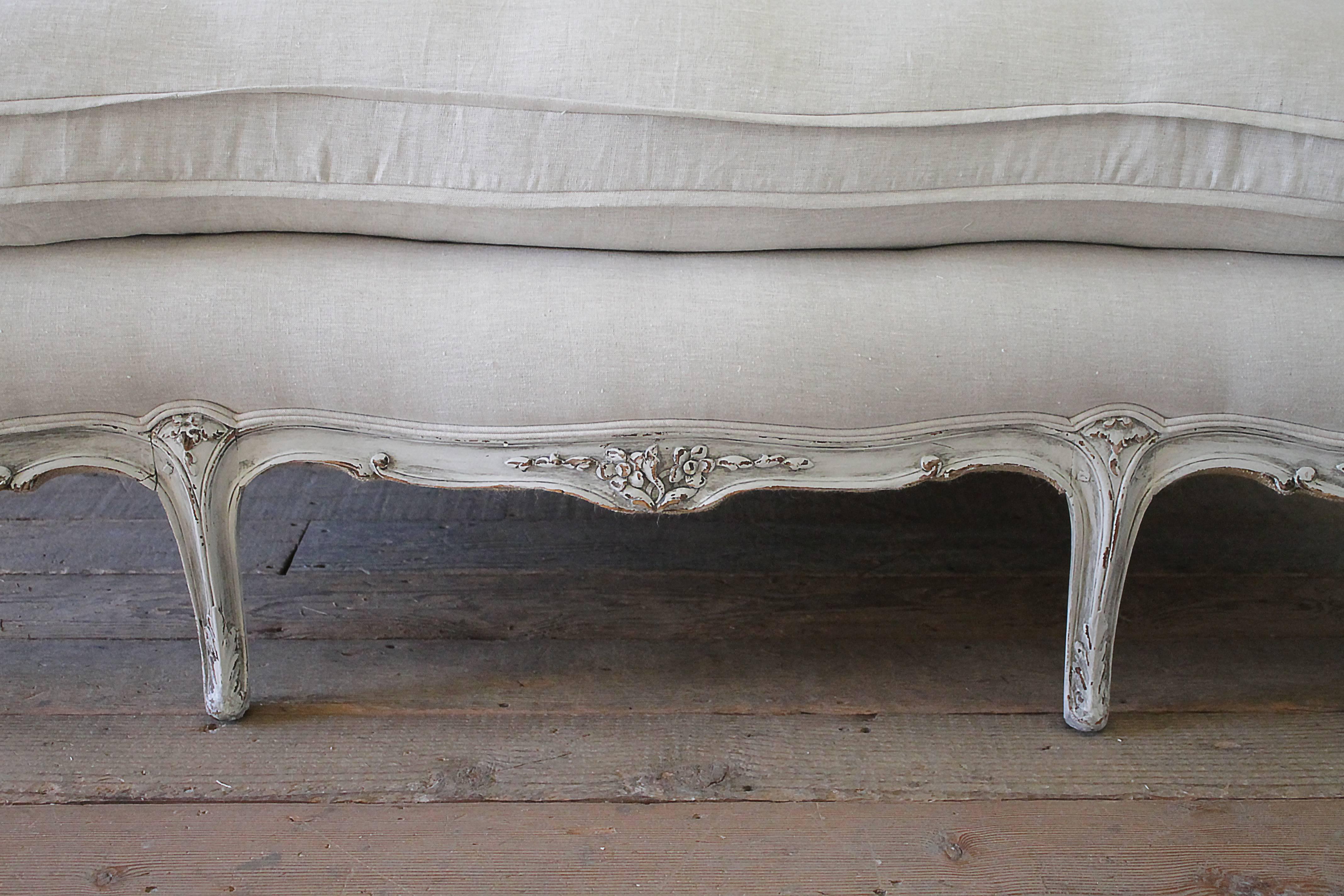 19th Century Carved and Painted Louis XV Style Sofa Upholstered in Organic Linen 2