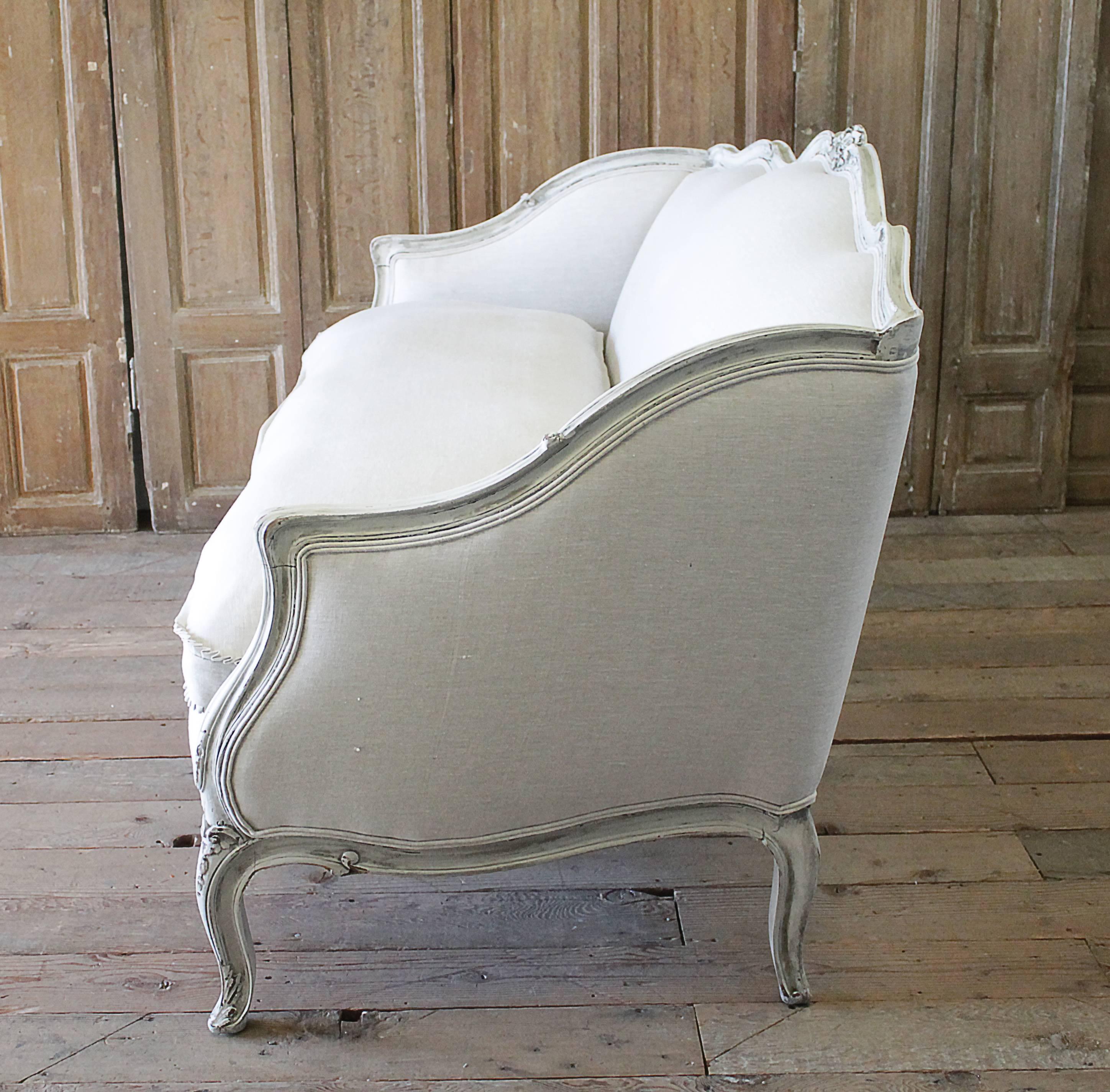 19th Century Carved and Painted Louis XV Style Sofa Upholstered in Organic Linen 3