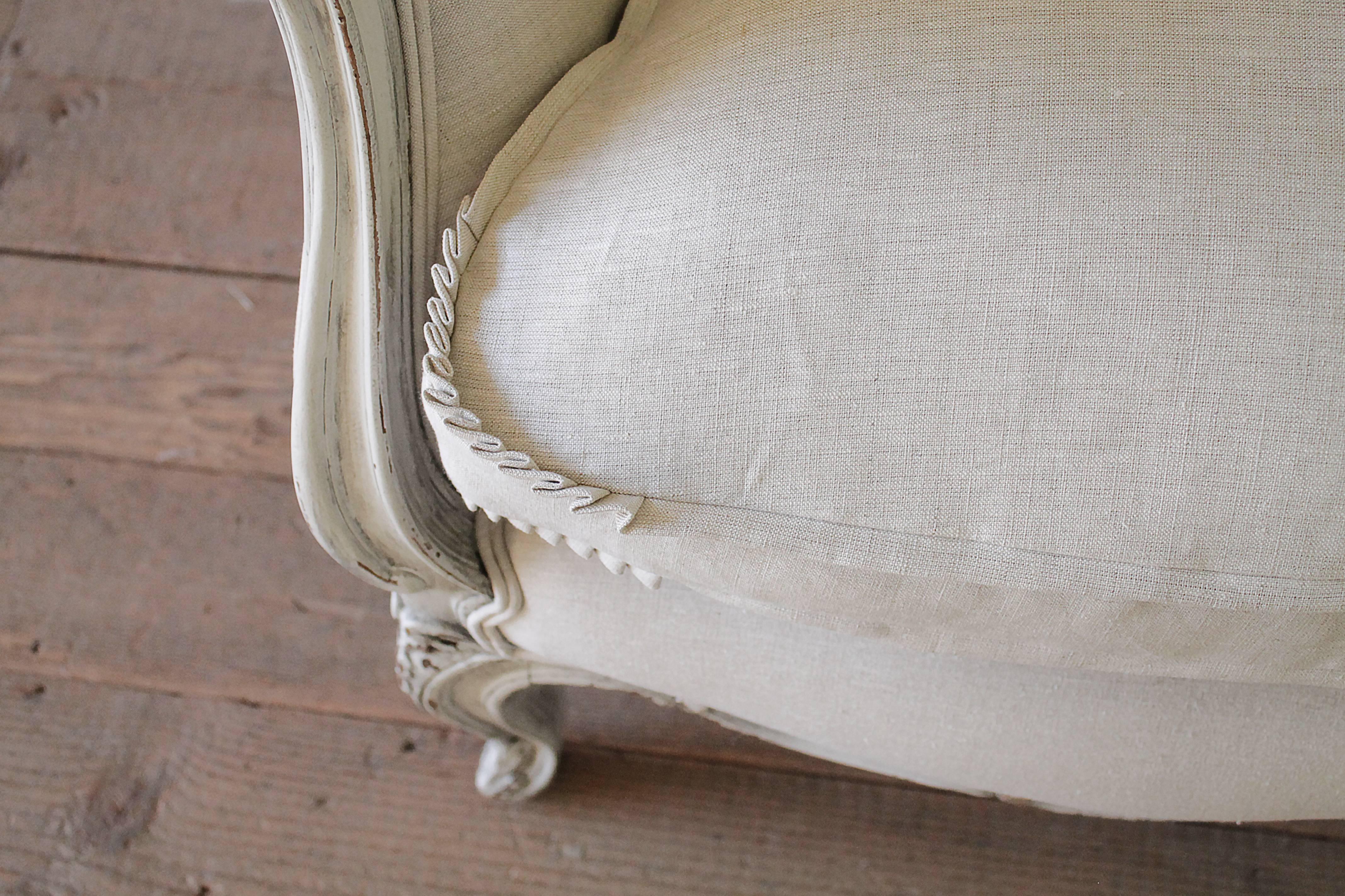Hand-Carved 19th Century Carved and Painted Louis XV Style Sofa Upholstered in Organic Linen