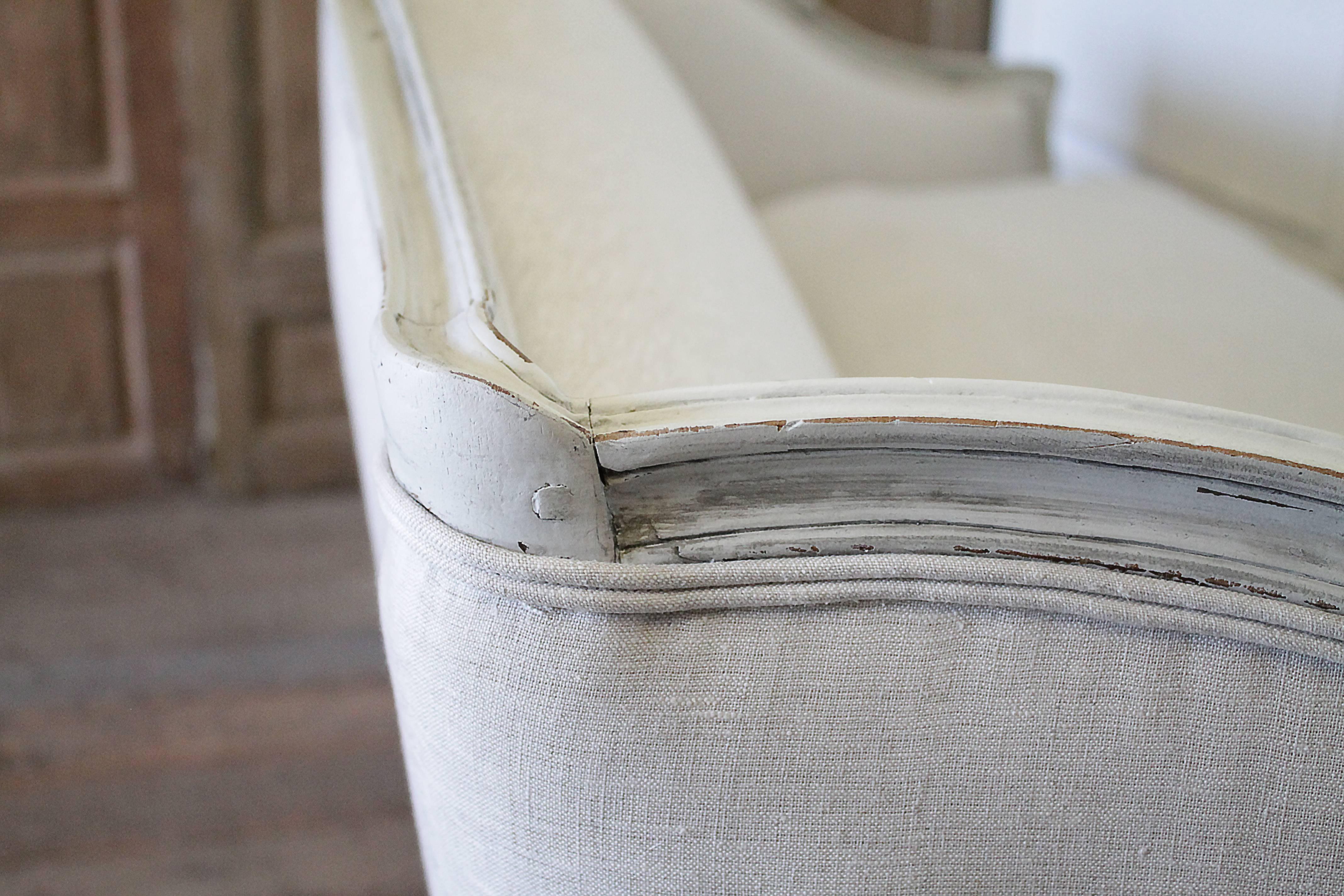 19th Century Carved and Painted Louis XV Style Sofa Upholstered in Organic Linen 5