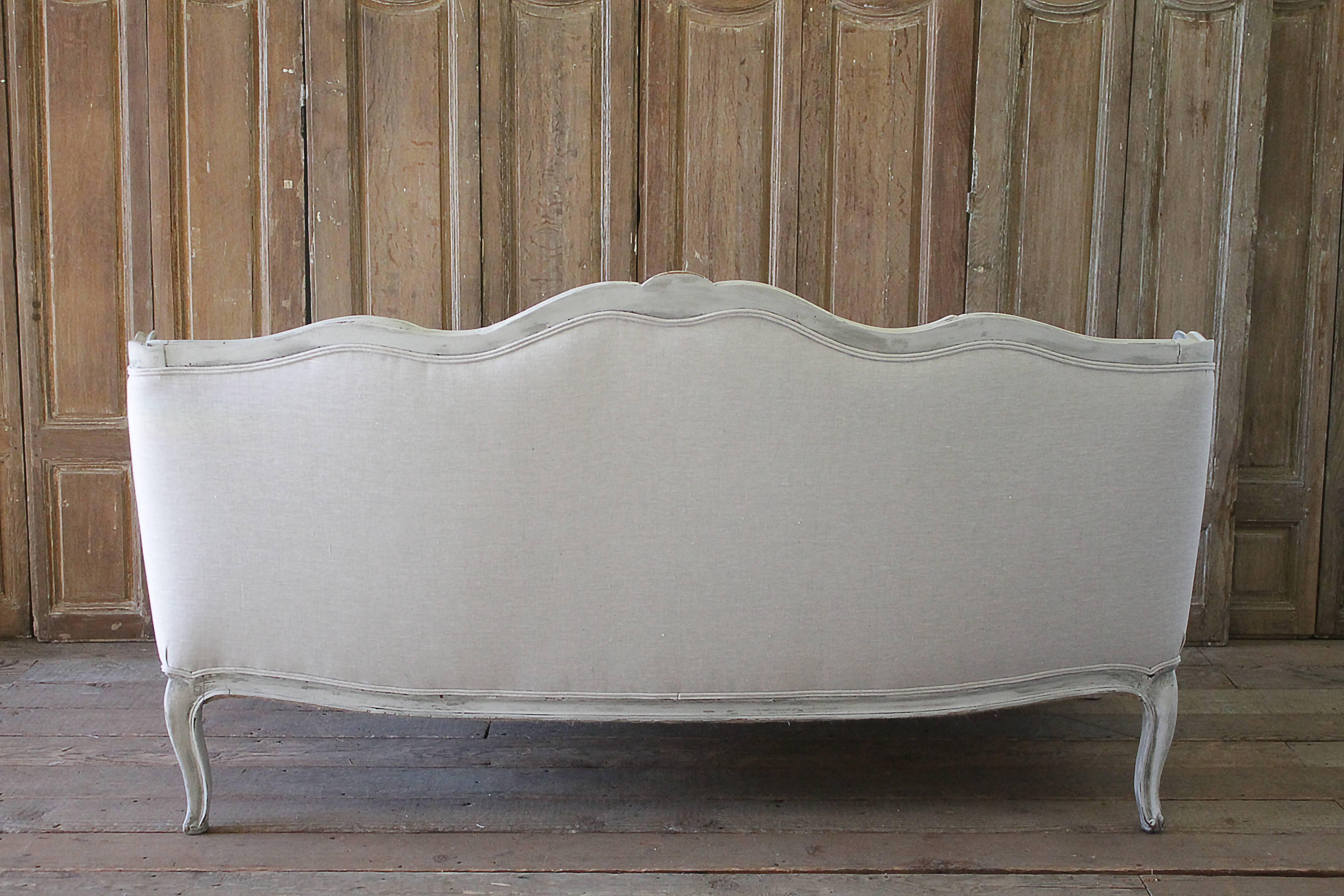 19th Century Carved and Painted Louis XV Style Sofa Upholstered in Organic Linen 4