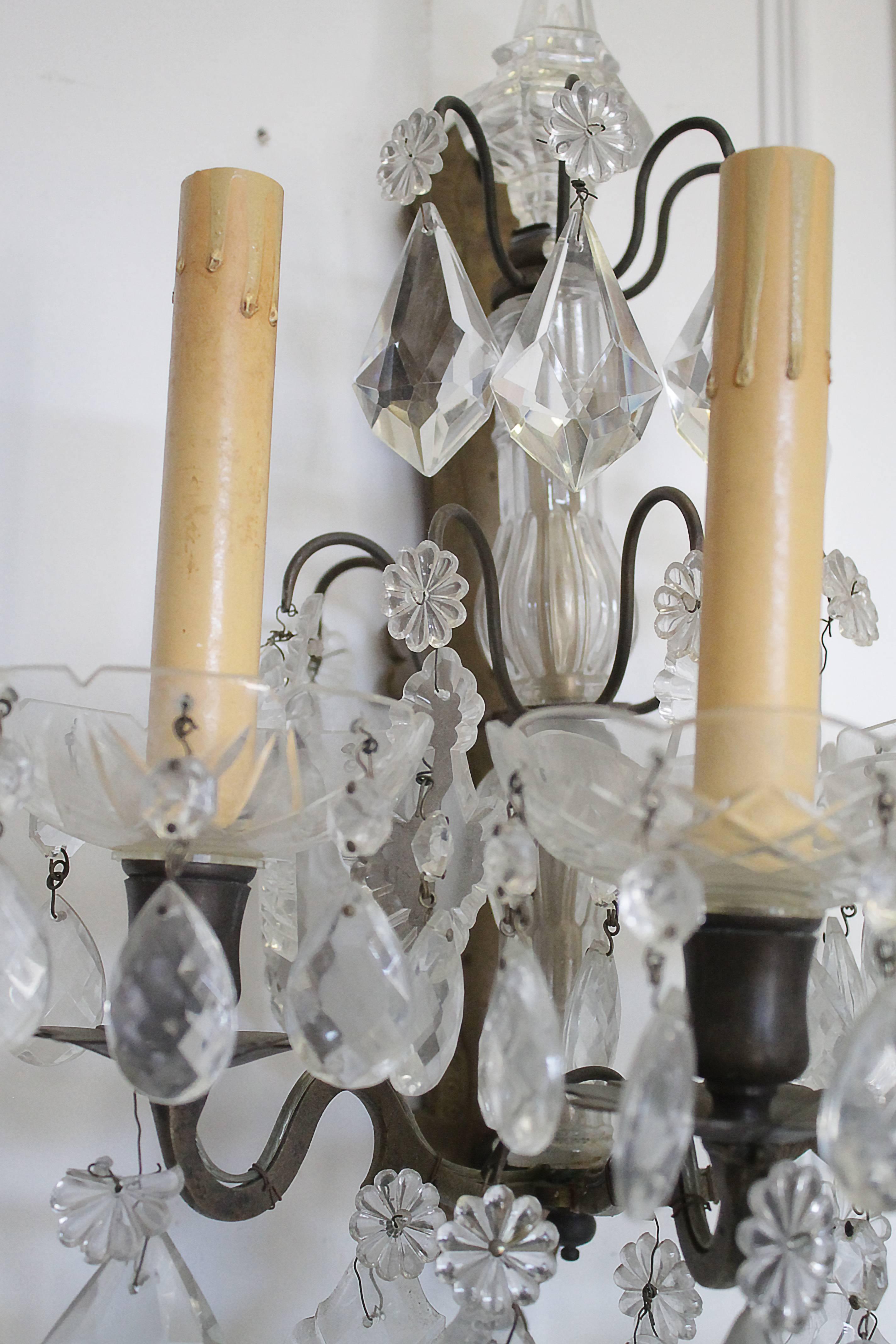 French Pair of Bronze and Glass Crystal Sconces