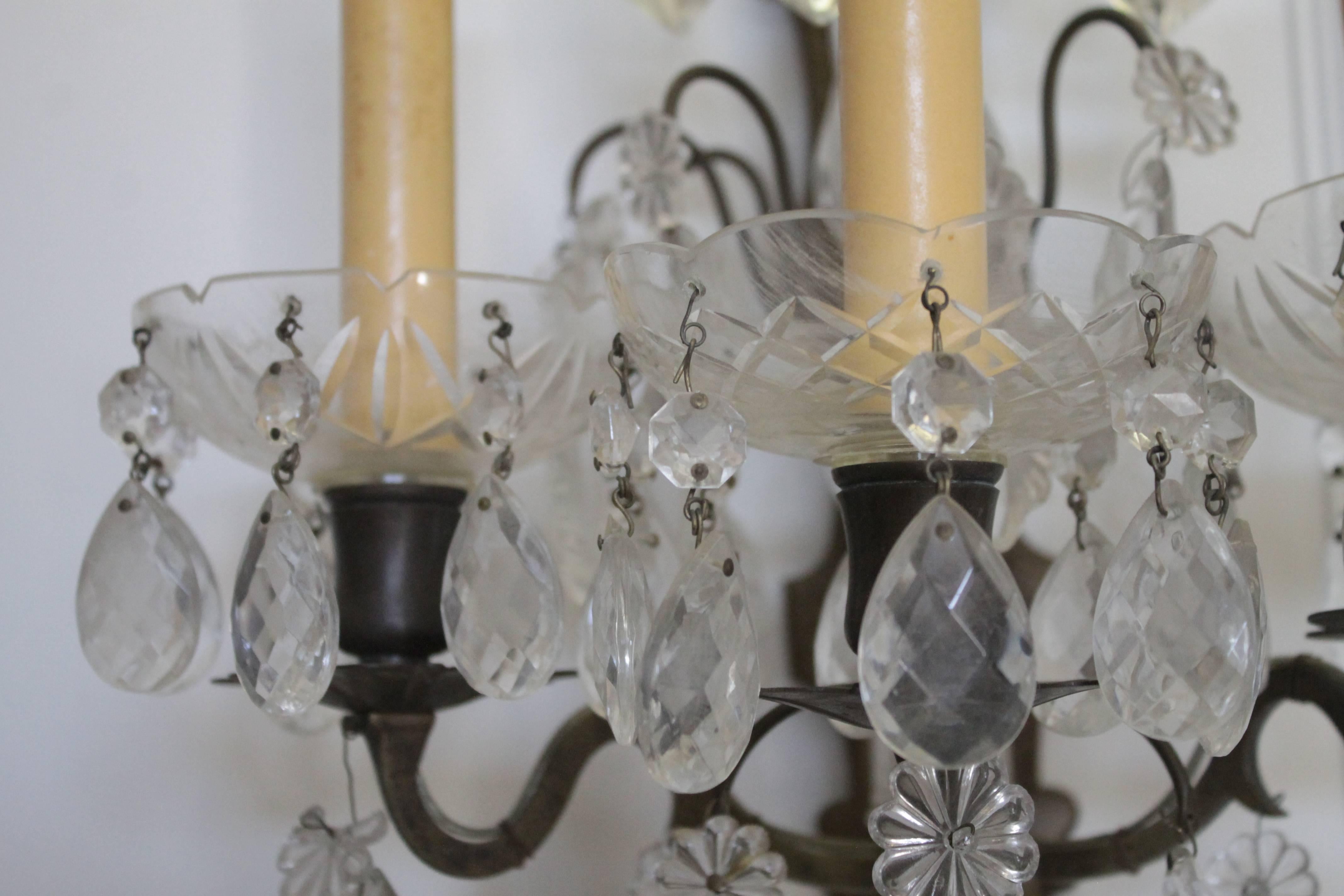 Pair of Bronze and Glass Crystal Sconces 1