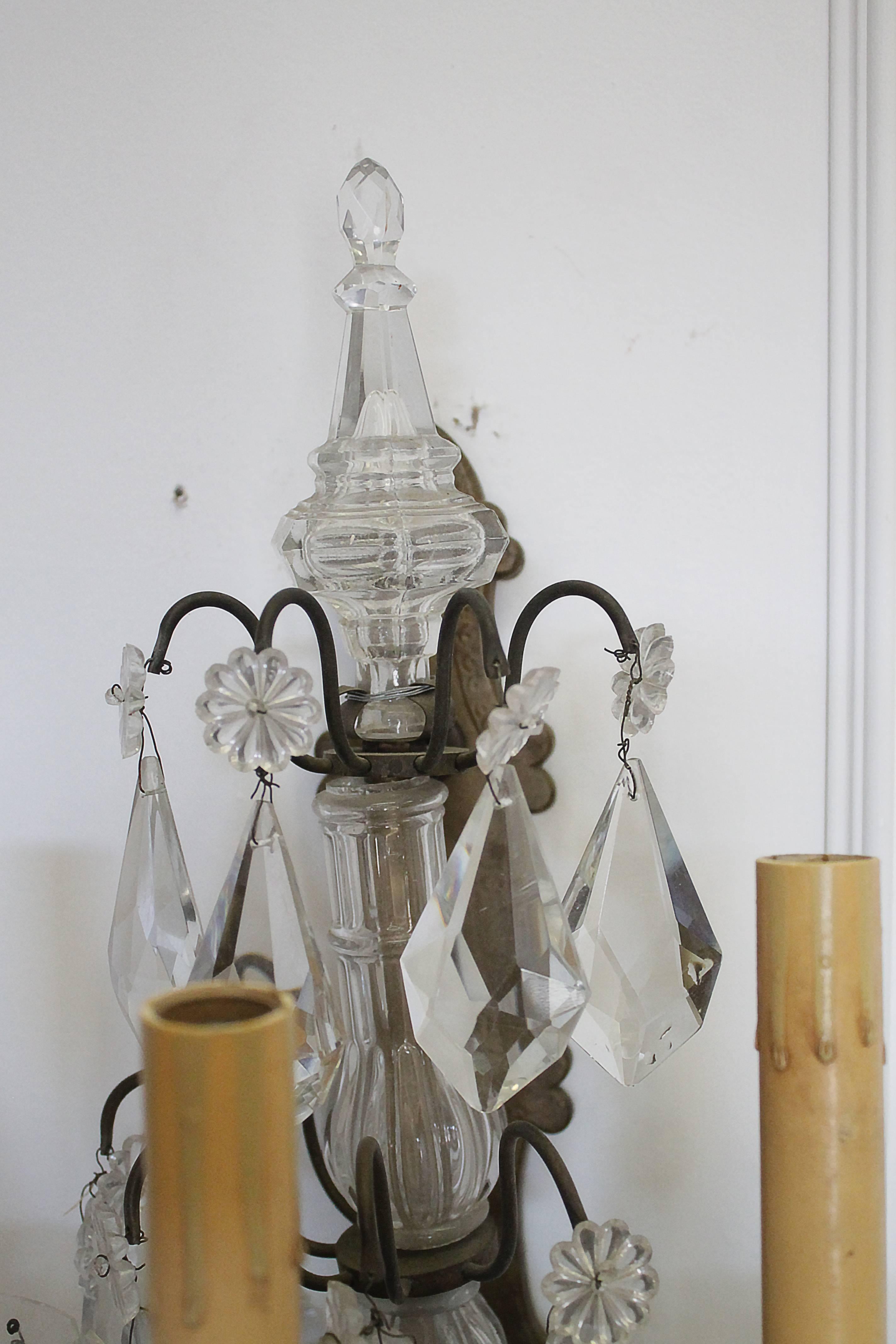 20th Century Pair of Bronze and Glass Crystal Sconces