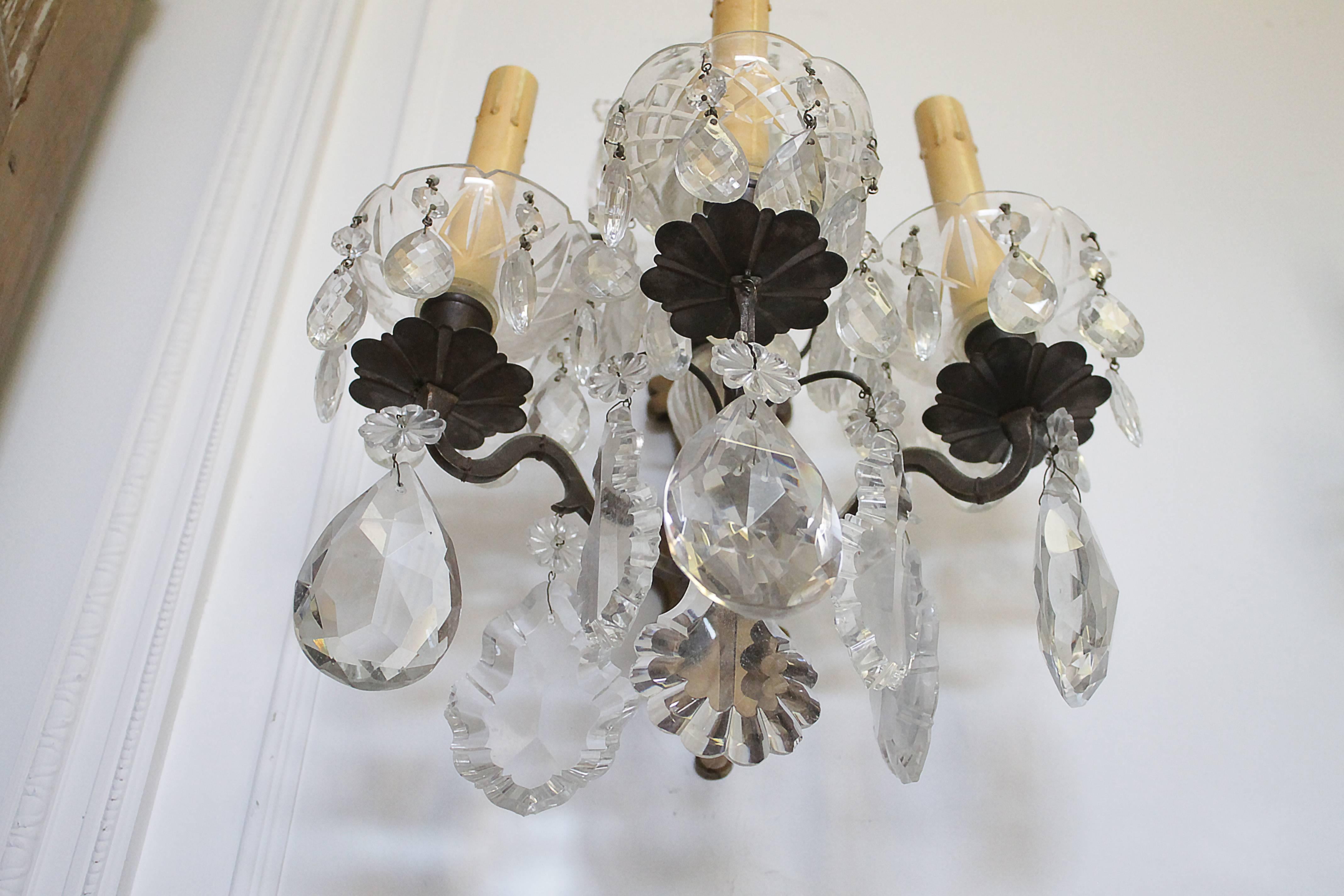 Pair of Bronze and Glass Crystal Sconces 3