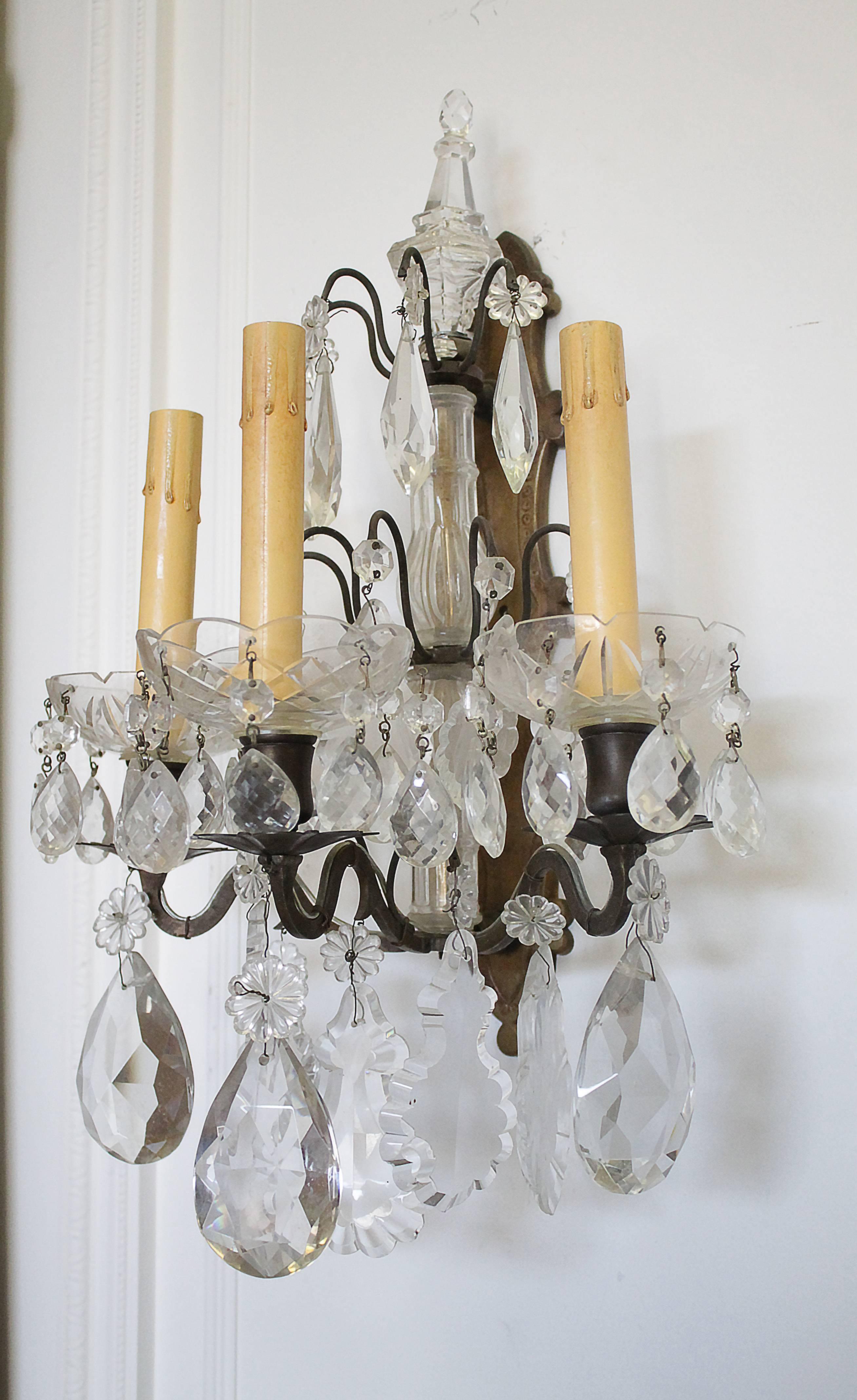 Pair of Bronze and Glass Crystal Sconces 2
