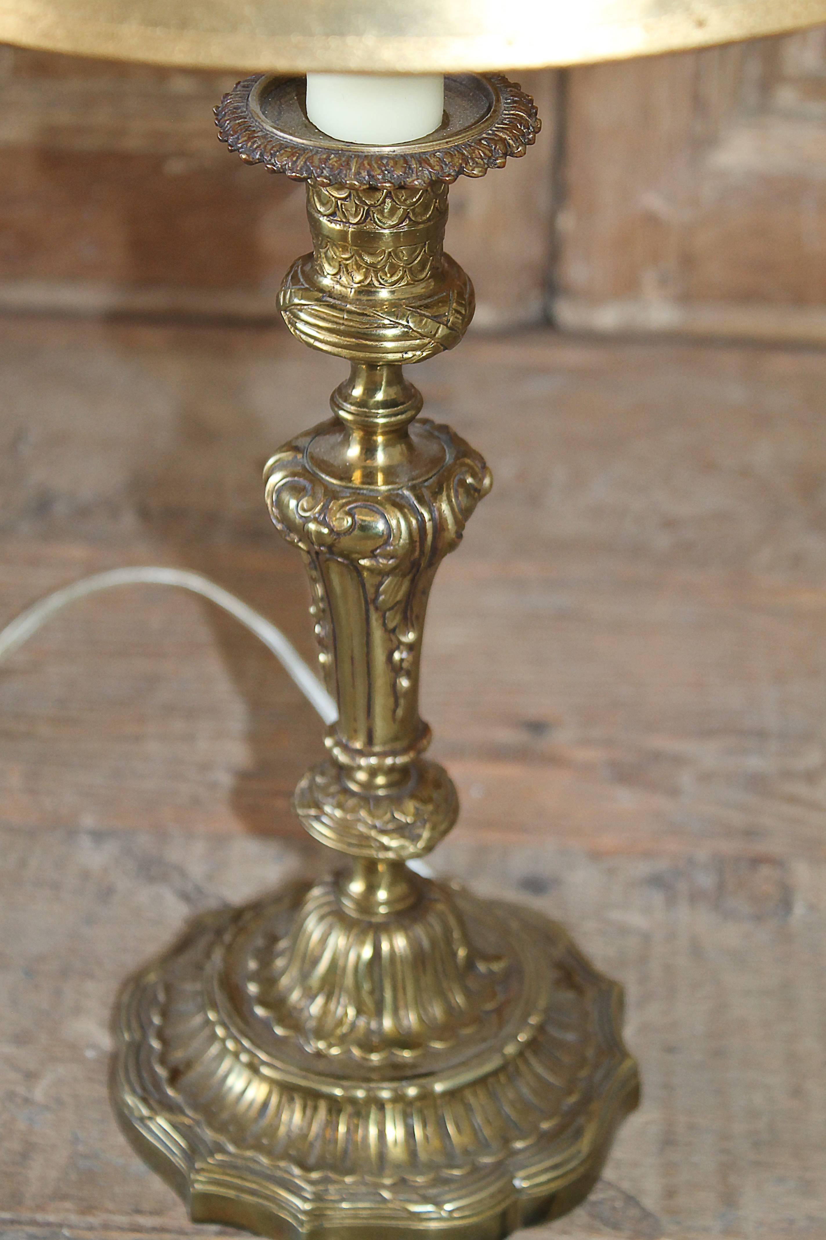20th Century Pair of Brass Candlestick Lamps with Parchment Shades