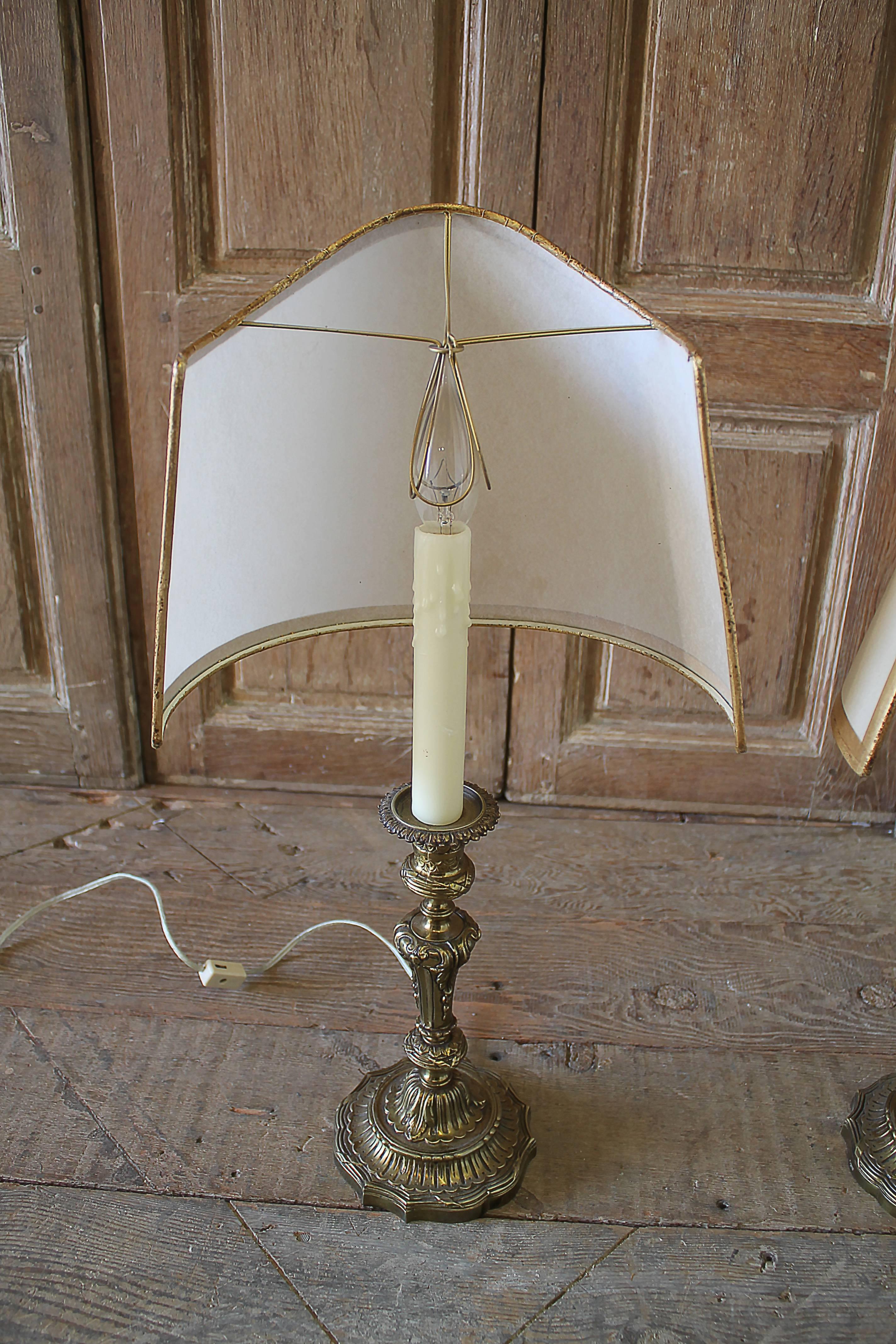 Pair of Brass Candlestick Lamps with Parchment Shades 1