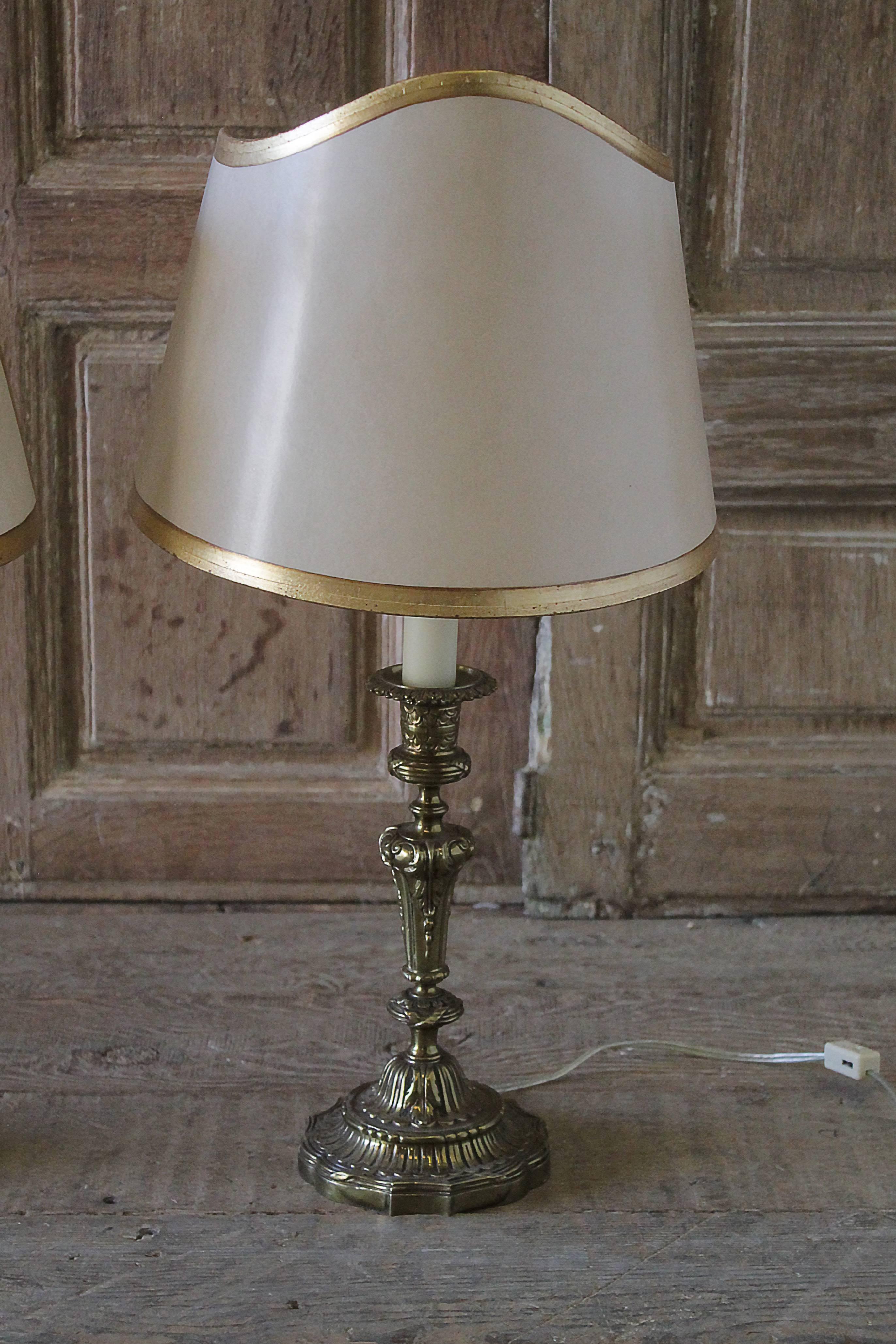 Pair of Brass Candlestick Lamps with Parchment Shades In Good Condition In Brea, CA