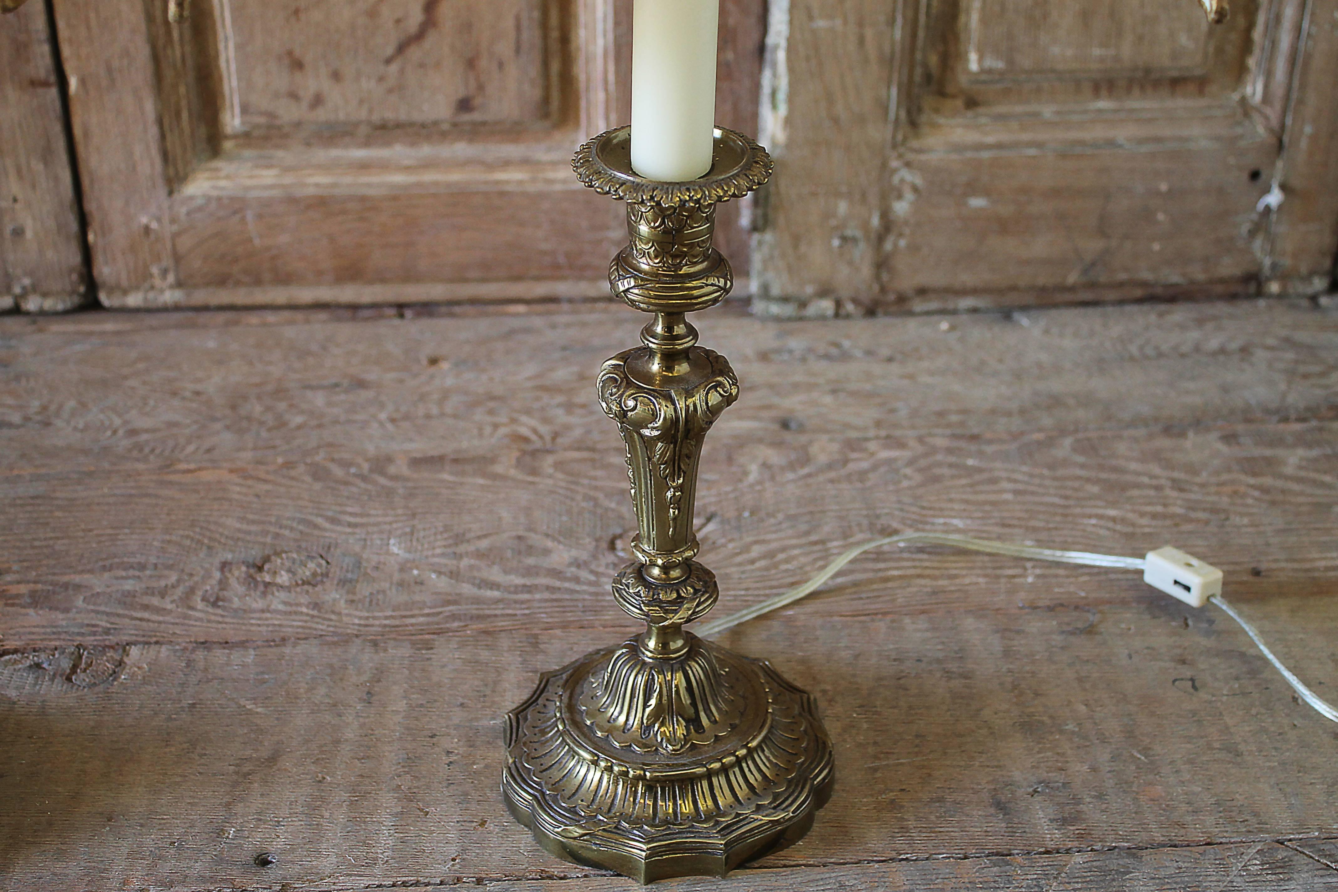 Pair of Brass Candlestick Lamps with Parchment Shades 3