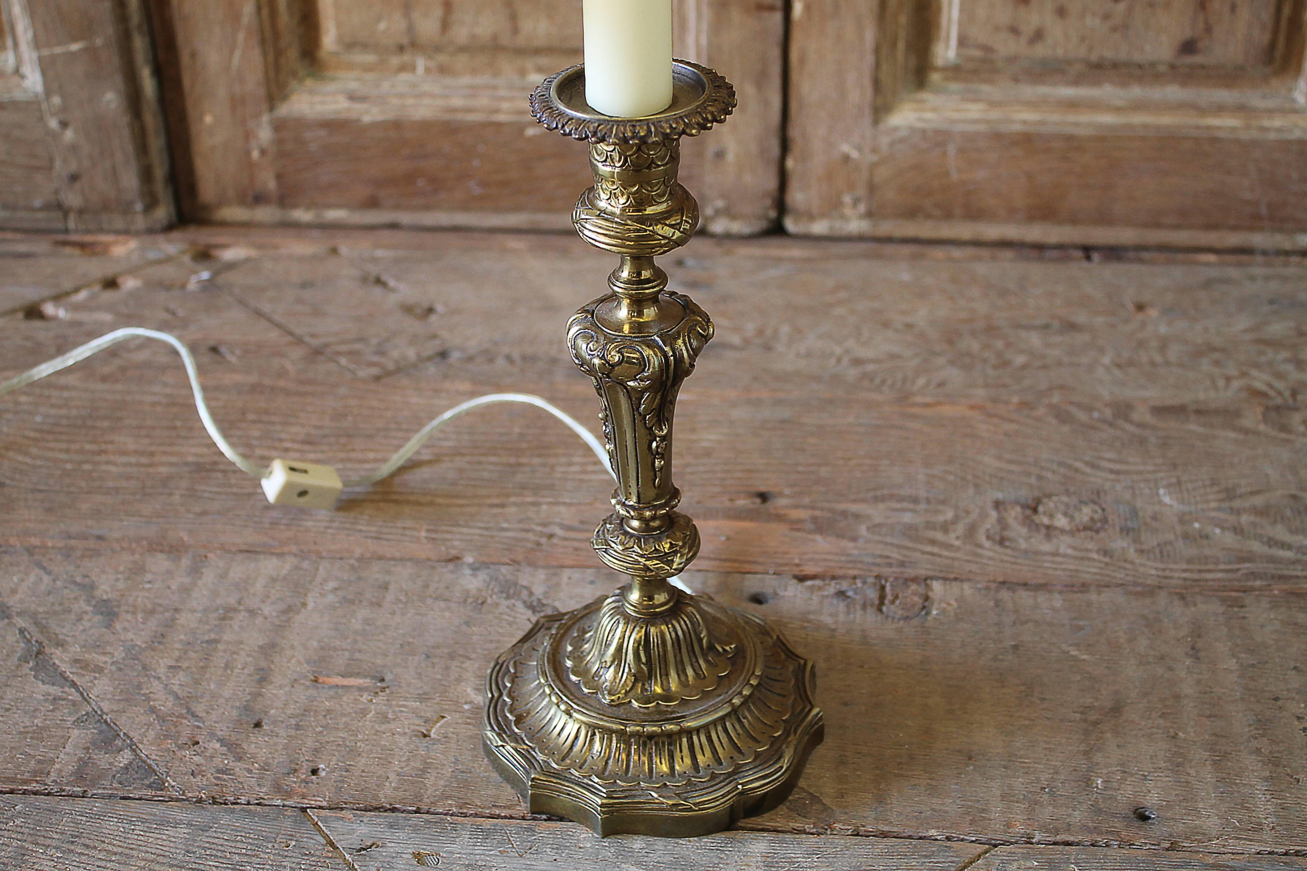 Pair of Brass Candlestick Lamps with Parchment Shades 4