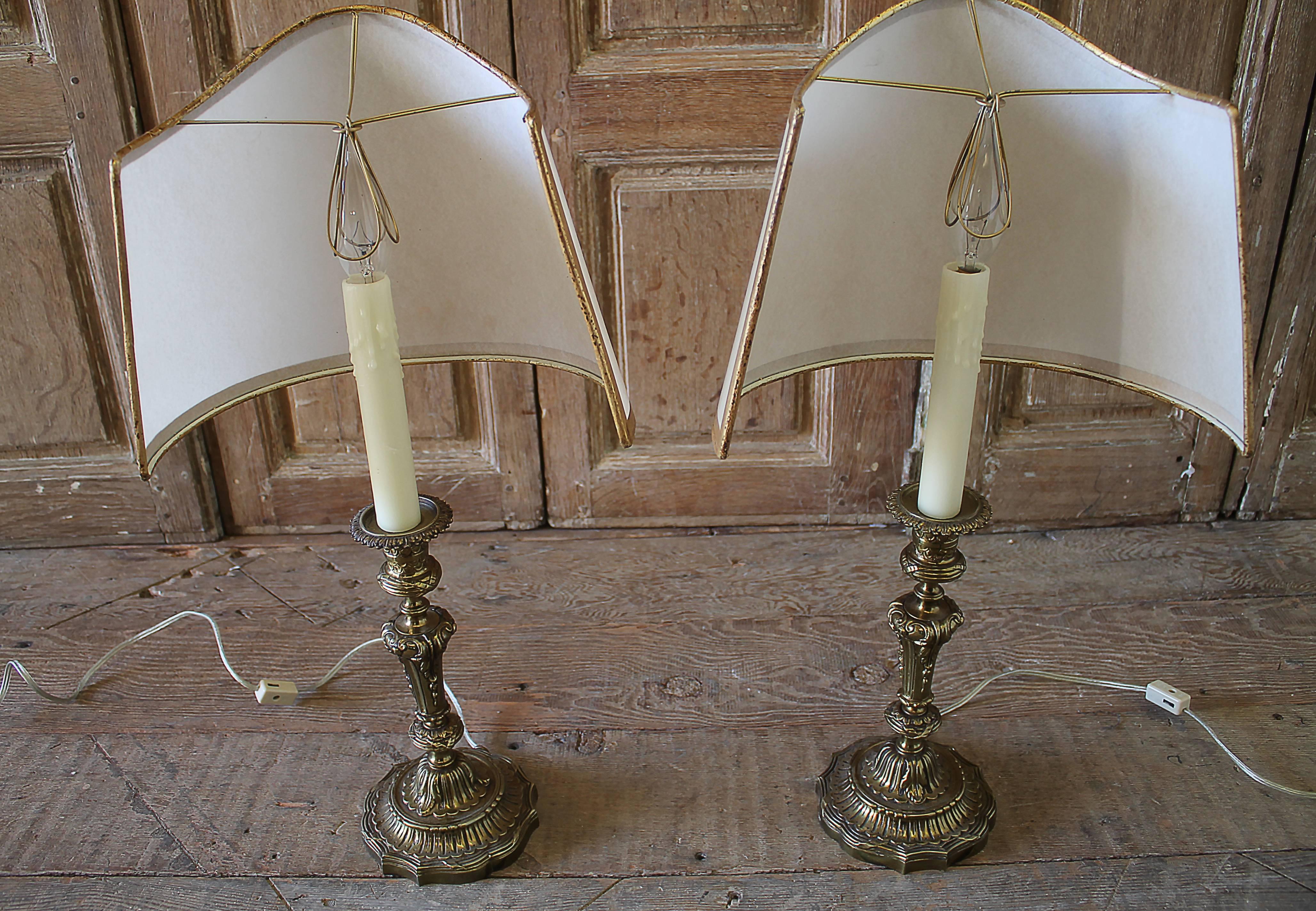 Pair of Brass Candlestick Lamps with Parchment Shades 2