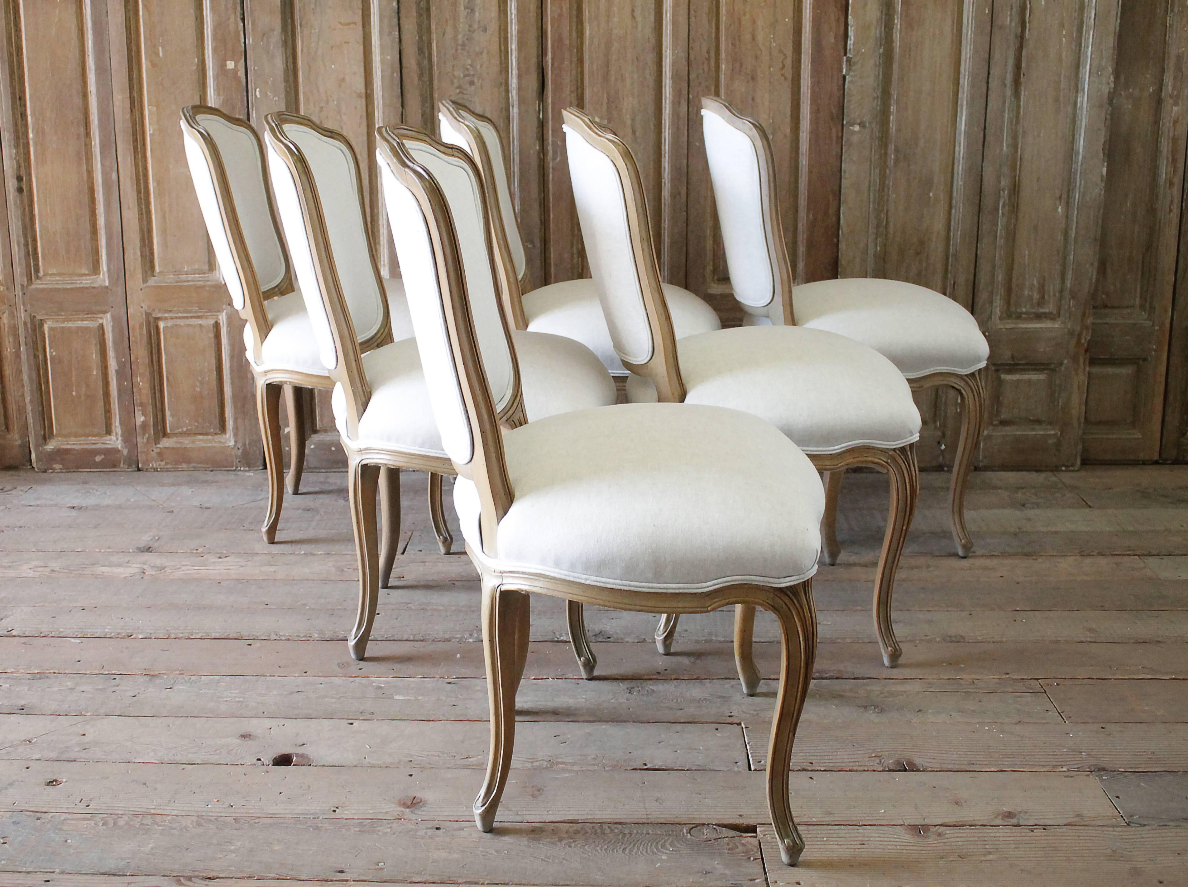 Set of Six Wood Louis XV Style Dining Chairs in Natural Belgian Linen 3
