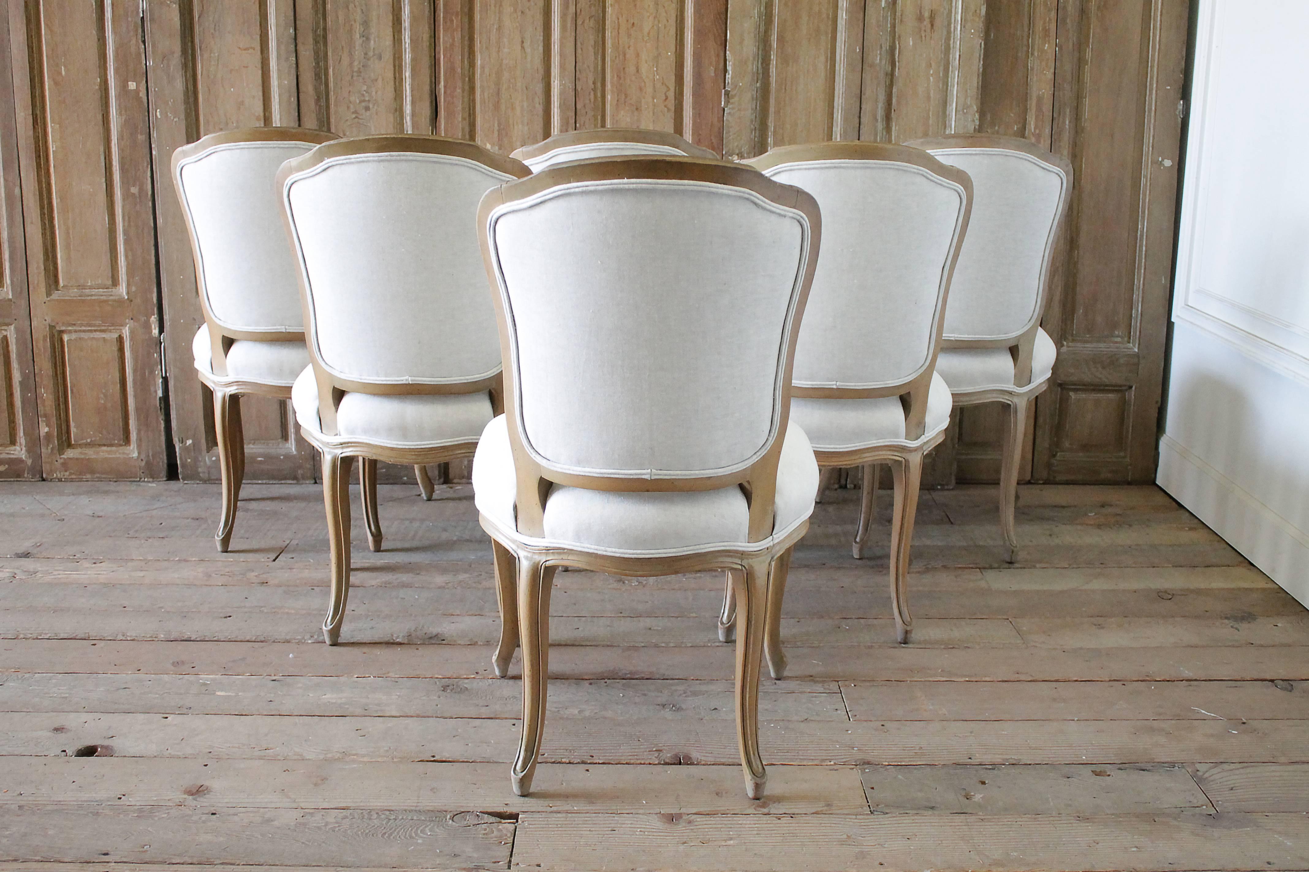 Set of Six Wood Louis XV Style Dining Chairs in Natural Belgian Linen 1