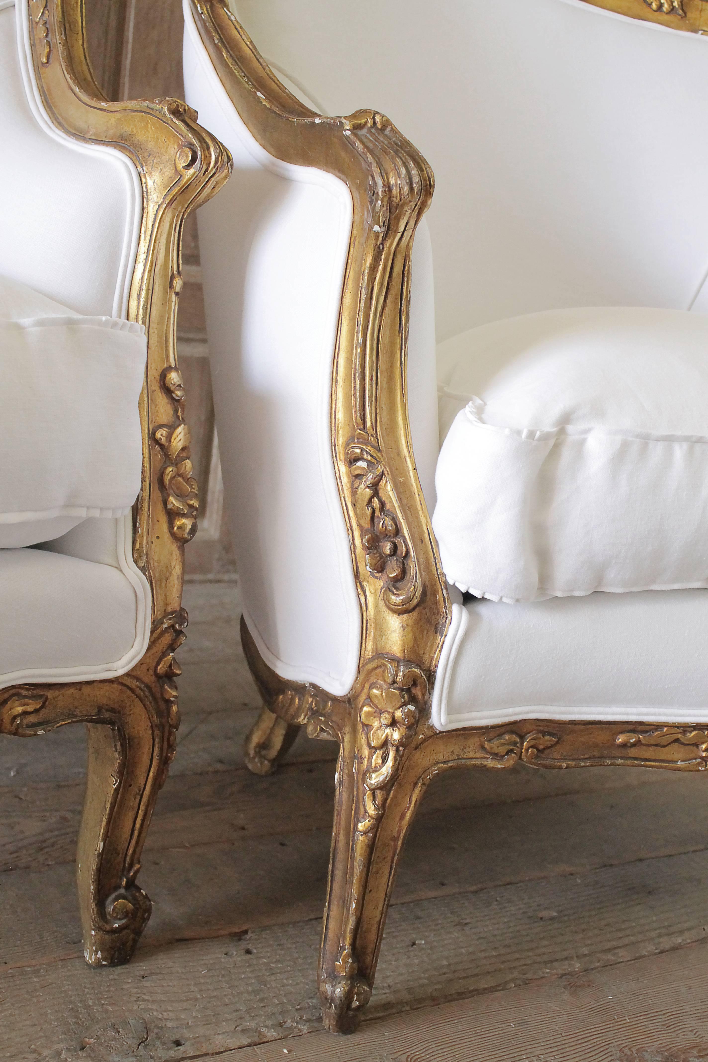 French 20th Century Giltwood Carved Bergere Chairs in White Belgian Linen